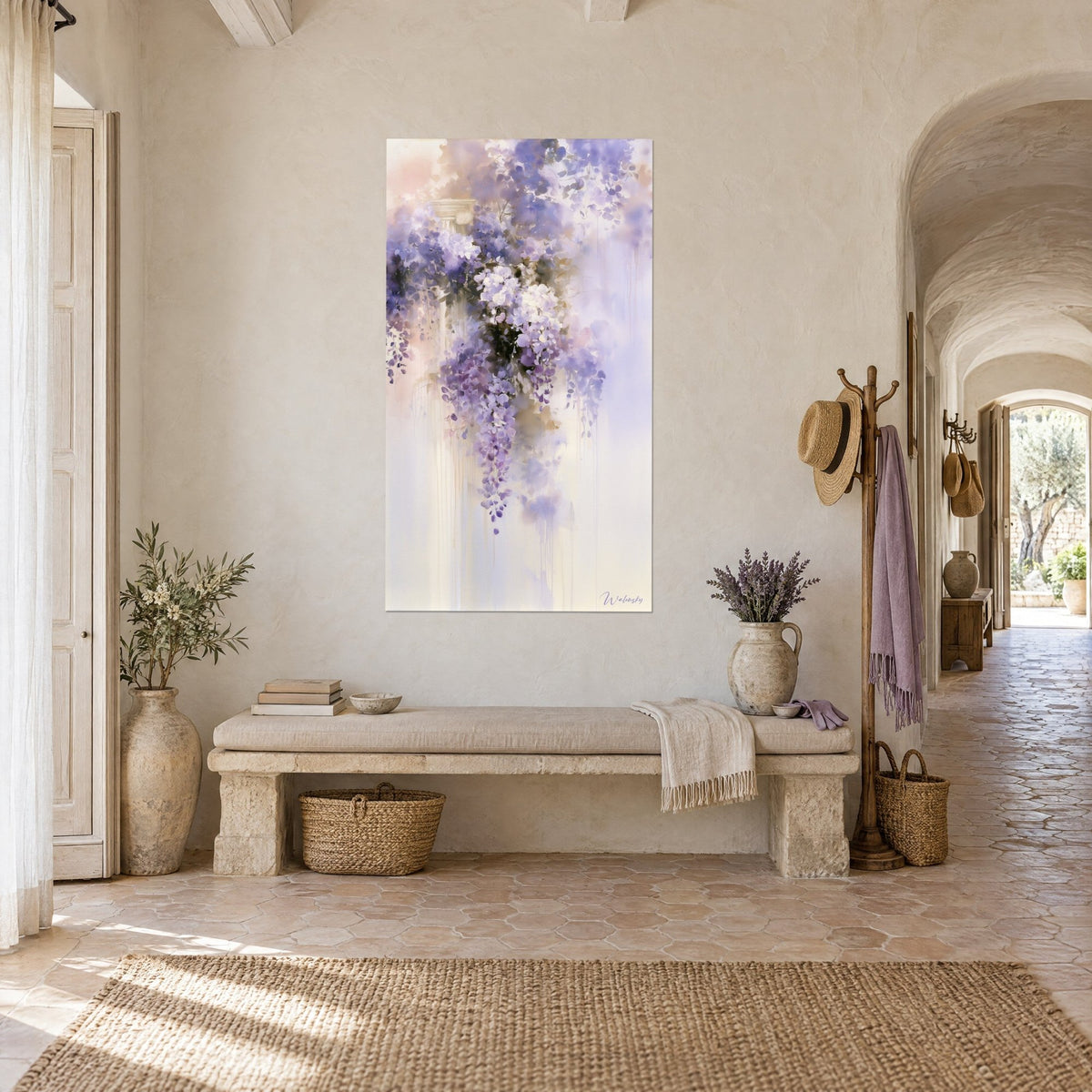 Wall art of violet and ivory wisteria clusters beside an ancient capital, pale pink background, stone bench and vaulted corridor of a Provençal farmhouse