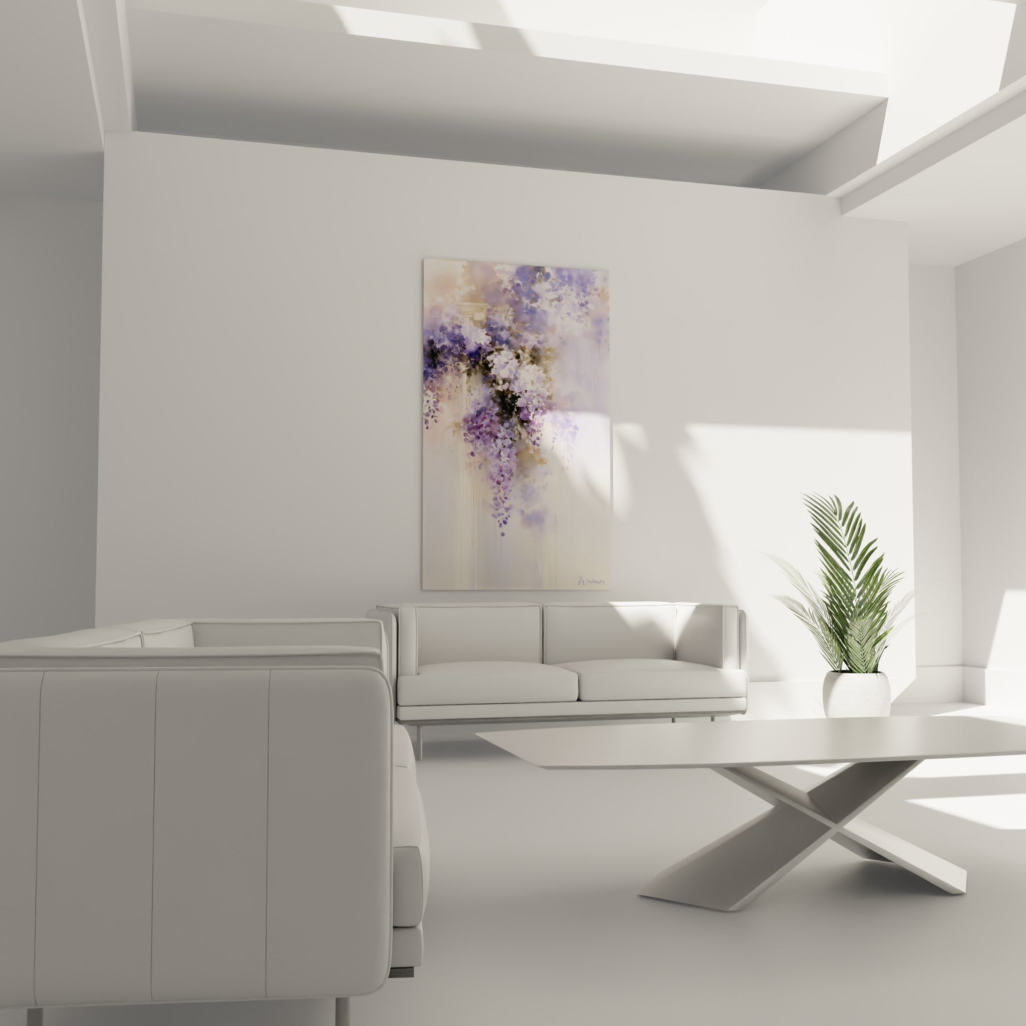 Grappes de glycine violette et blanche accrochées au-dessus d'un canapé dans un salon lumineux