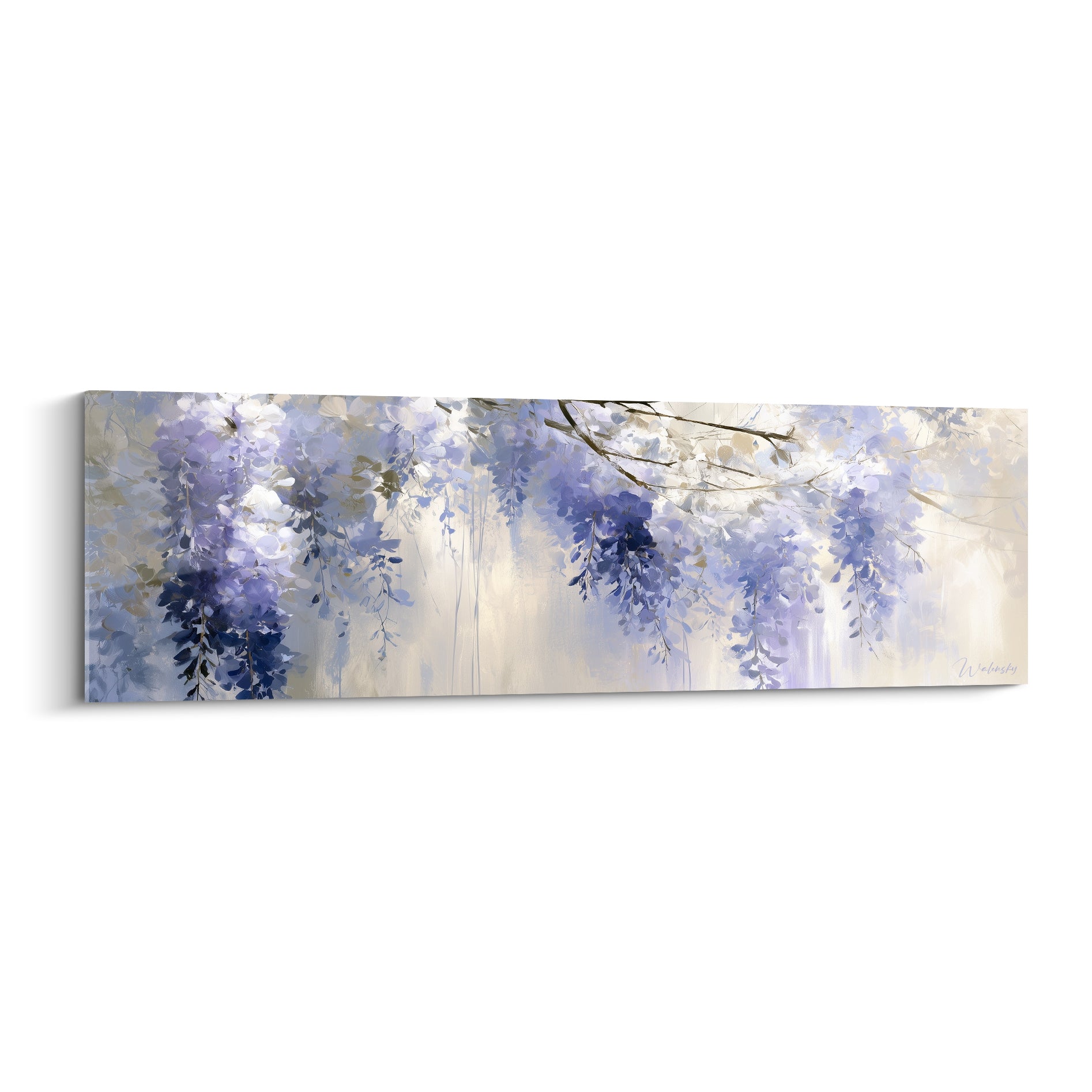 Glycine violette et lavande en grappes suspendues sur fond beige, style aquarelle délicat