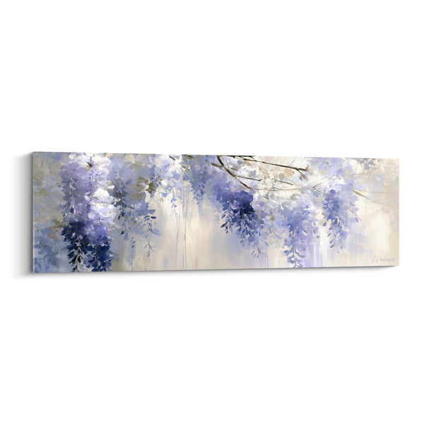 Tableau Grappes bleu indigo et blanches sur branches fines - Éclaboussures de peinture diluée - Edition Glycine
