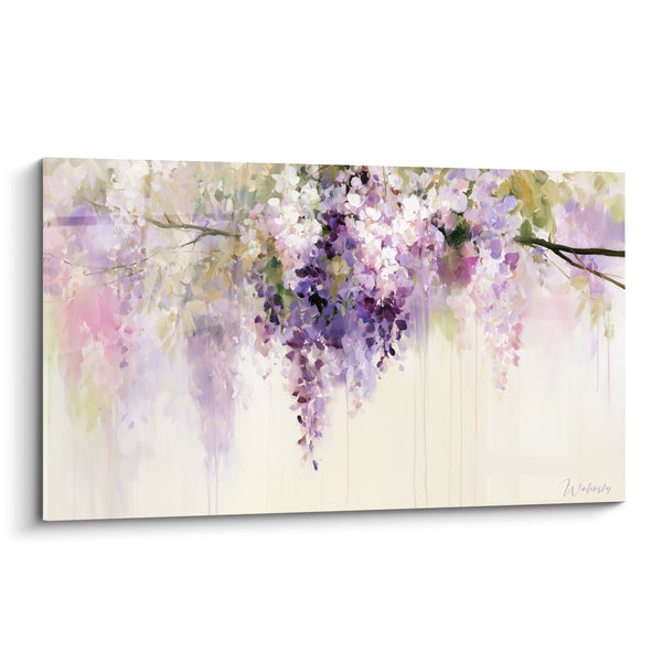 Tableau Grappes violettes et roses aux coulures diffuses - Branches légères éparses - Edition Glycine