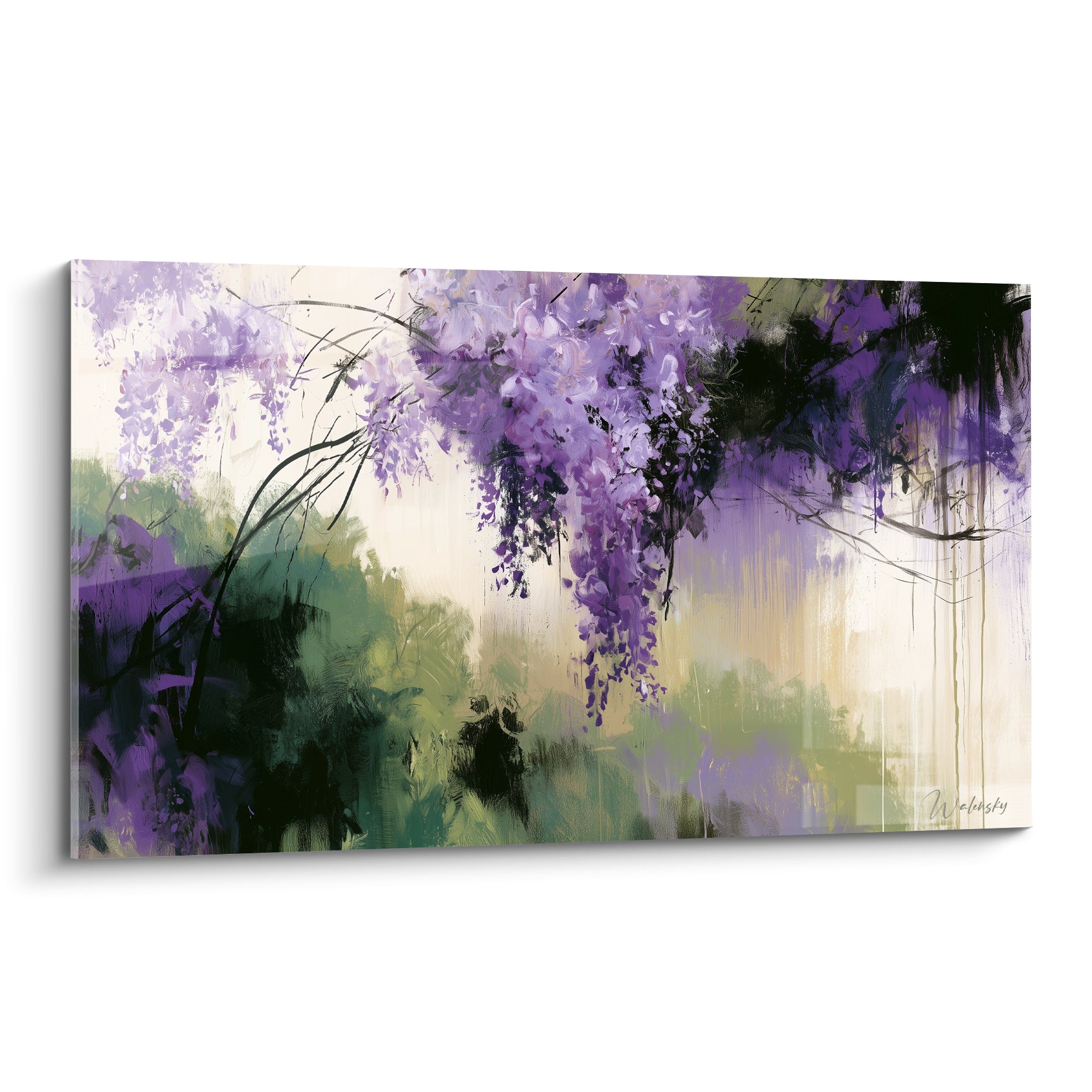 Glycine violette en grappes tombantes sur fond vert olive et beige, style pictural