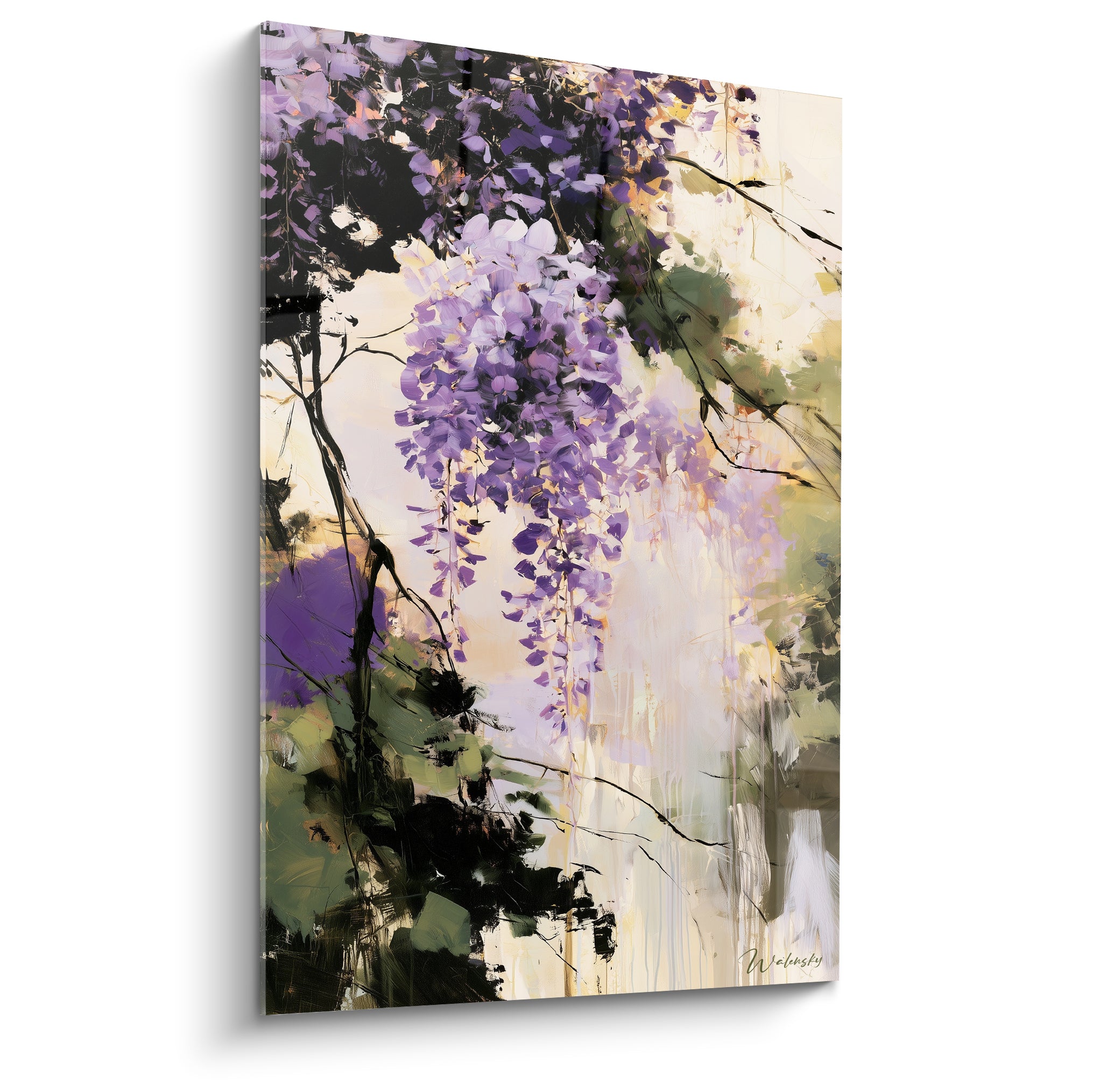 Glycine violette et lavande en grappes tombantes sur fond ivoire, style pictural expressif