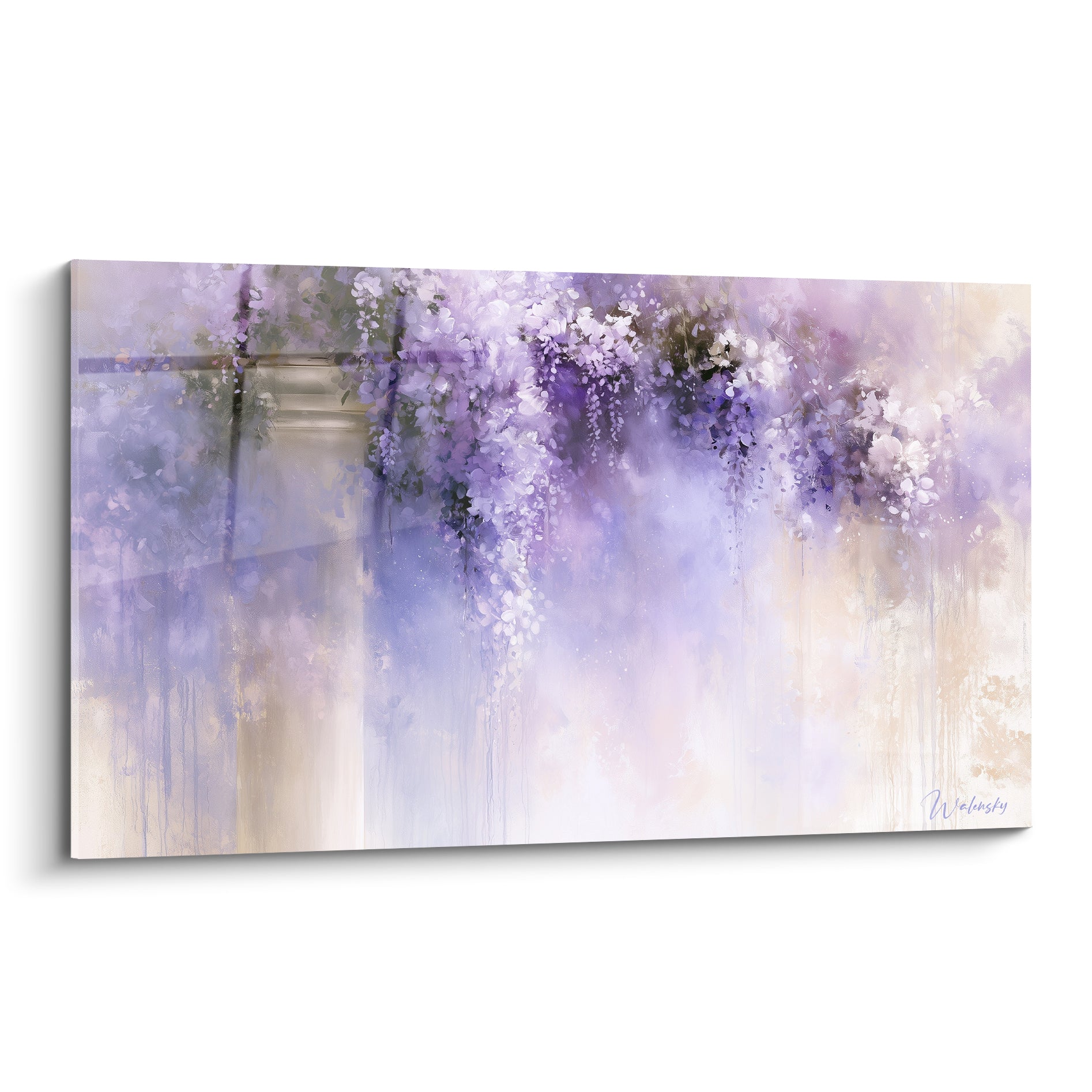 Glycine violette et blanche en grappes tombantes, fond beige vaporeux, style aquarelle