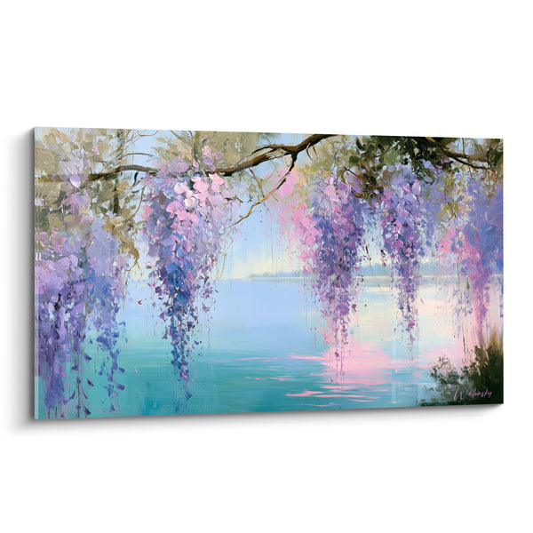 Tableau Grappes violettes surplombant un lac turquoise - Éveil au bord de l'eau - Edition Glycine