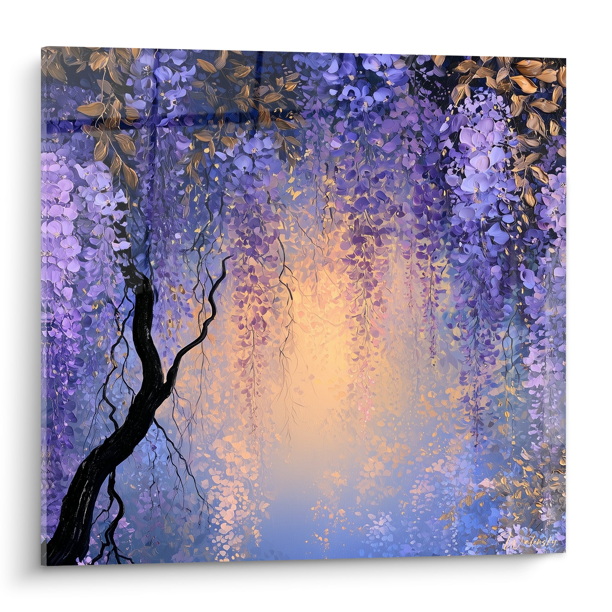 Glycine violette en cascade avec lumière dorée centrale et tronc noir sculptural sur toile