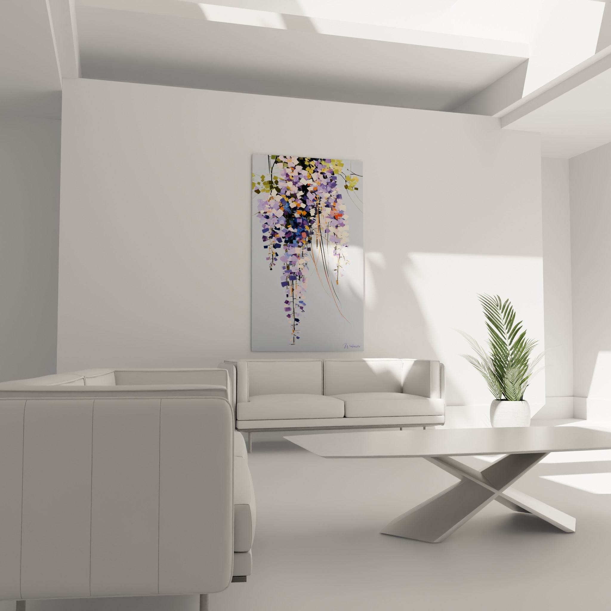 Fleurs de glycine violettes et orangées suspendues au-dessus d'un canapé dans un salon lumineux