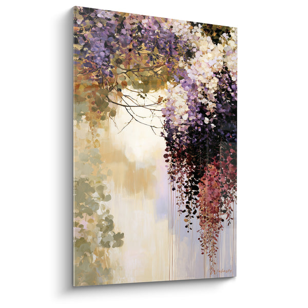 Tableau Grappes violettes et roses aux longues coulures tombantes - Rameau feuillu clair - Edition Glycine