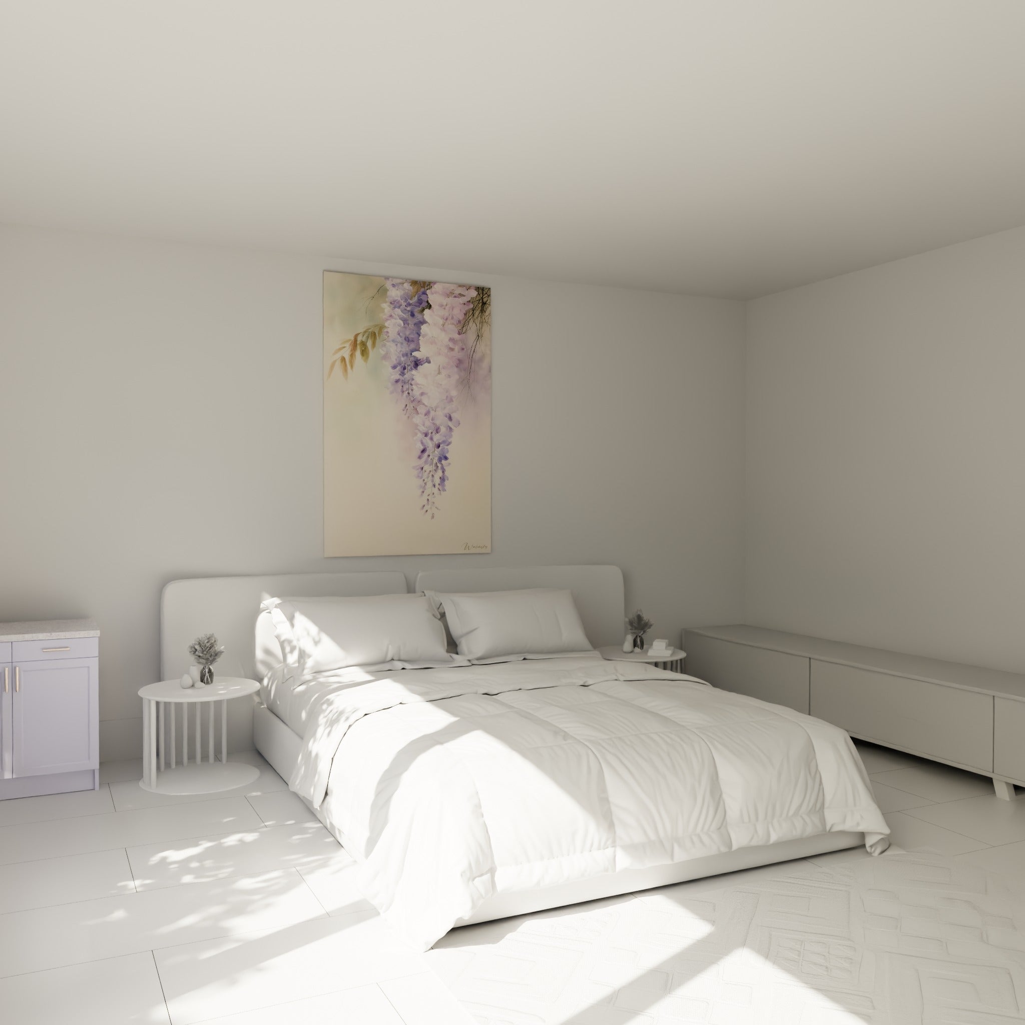Fleurs de glycine violettes et roses suspendues, accrochées au-dessus d'un lit dans une chambre claire