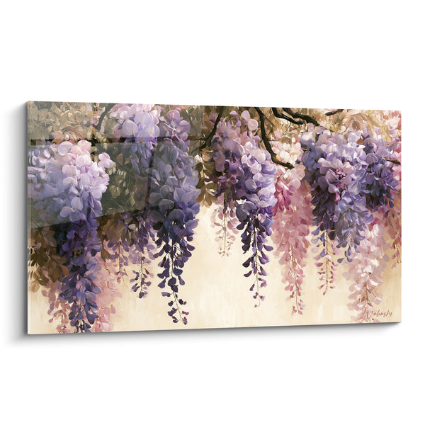 Tableau Grappes violettes et roses aux longues tiges pendantes - Fond ivoire uni - Edition Glycine
