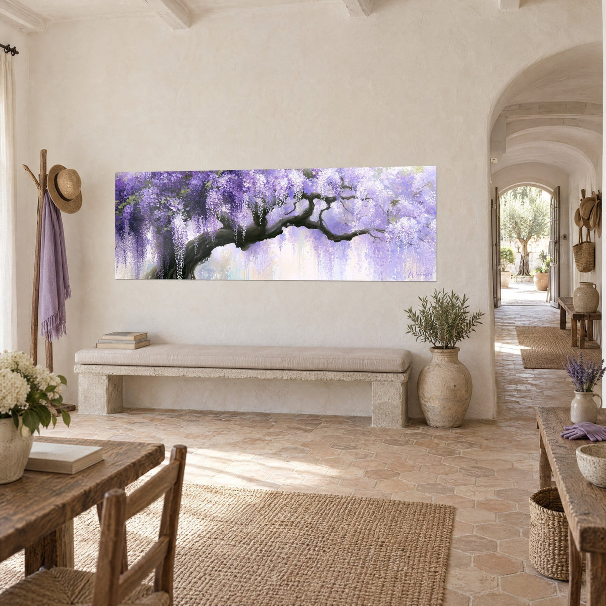 Wall art gnarled dark trunk beneath hanging purple flower clusters, cream background, hung in the vaulted hallway of a Provençal farmhouse