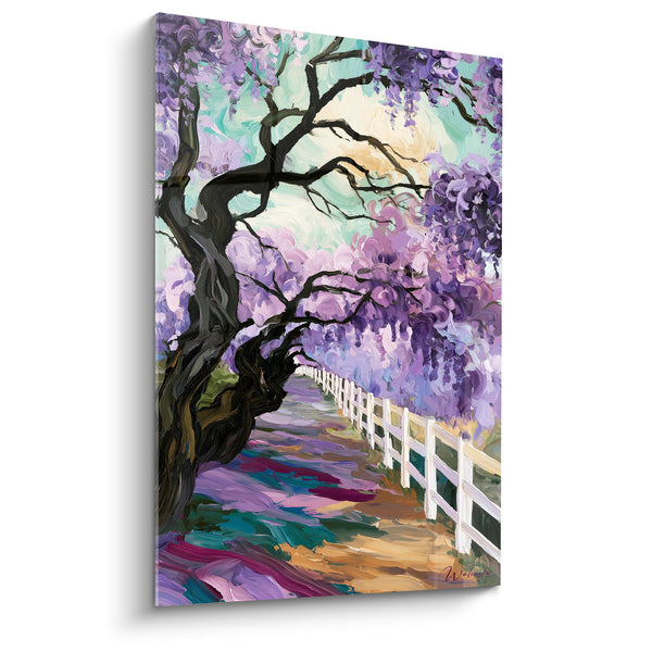 Tableau Arbre en fleurs violet et turquoise près d'une clôture blanche - Chemin fleuri - Edition Glycine