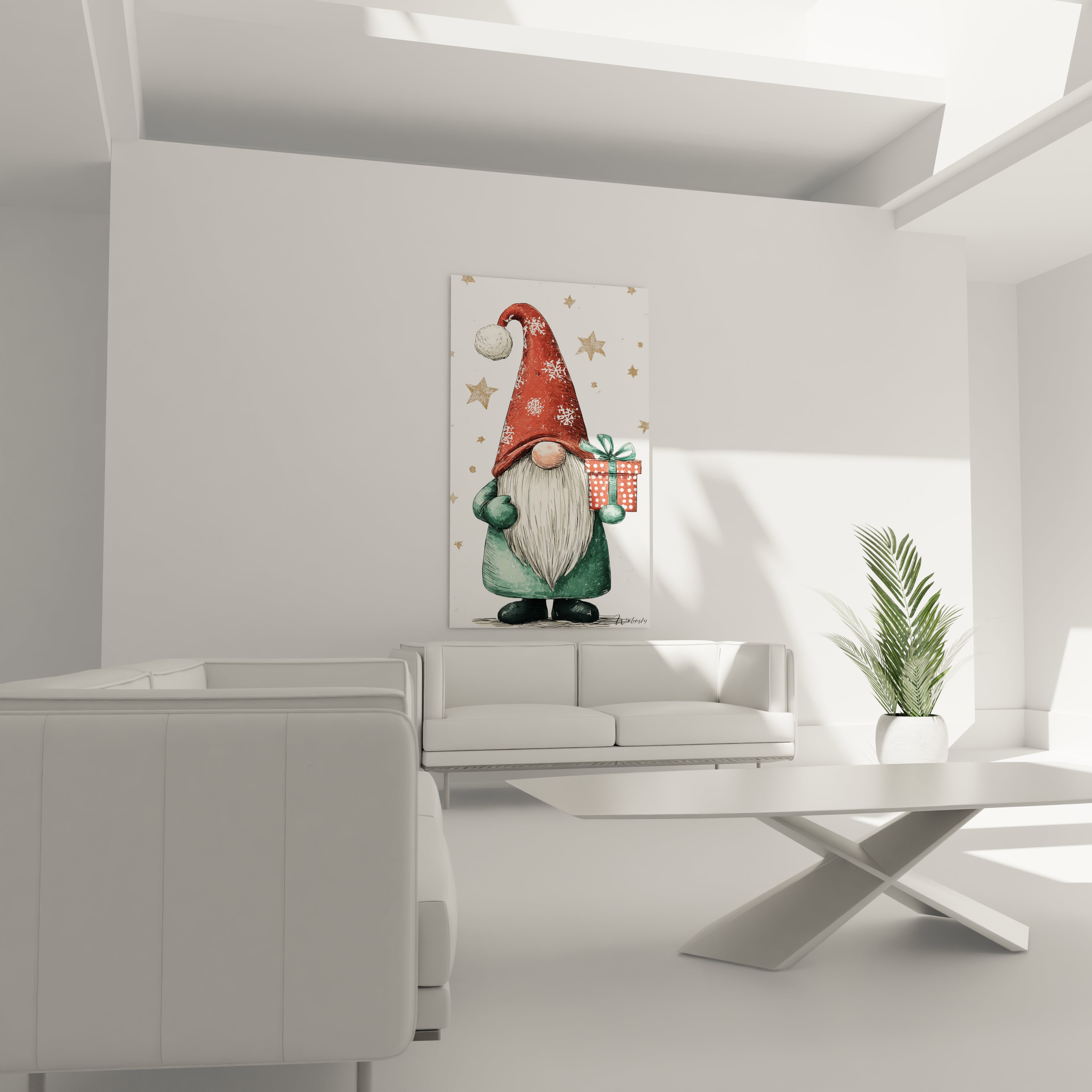 Tableau gnome de Noël décoratif avec un gnome tenant un cadeau, parfait pour la décoration intérieure