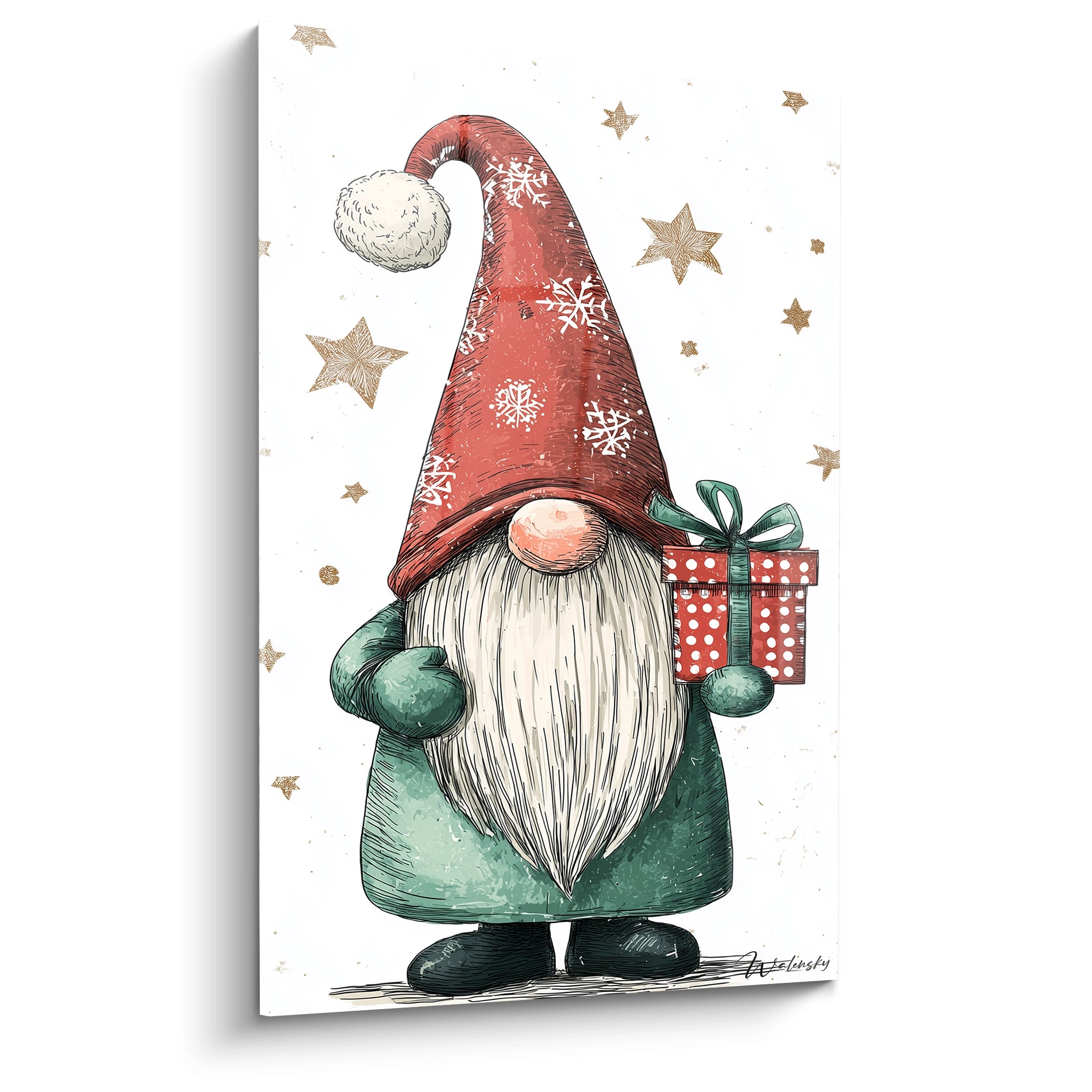 Tableau mural gnome de Noël tenant un cadeau rouge et vert avec des étoiles dorées en arrière-plan