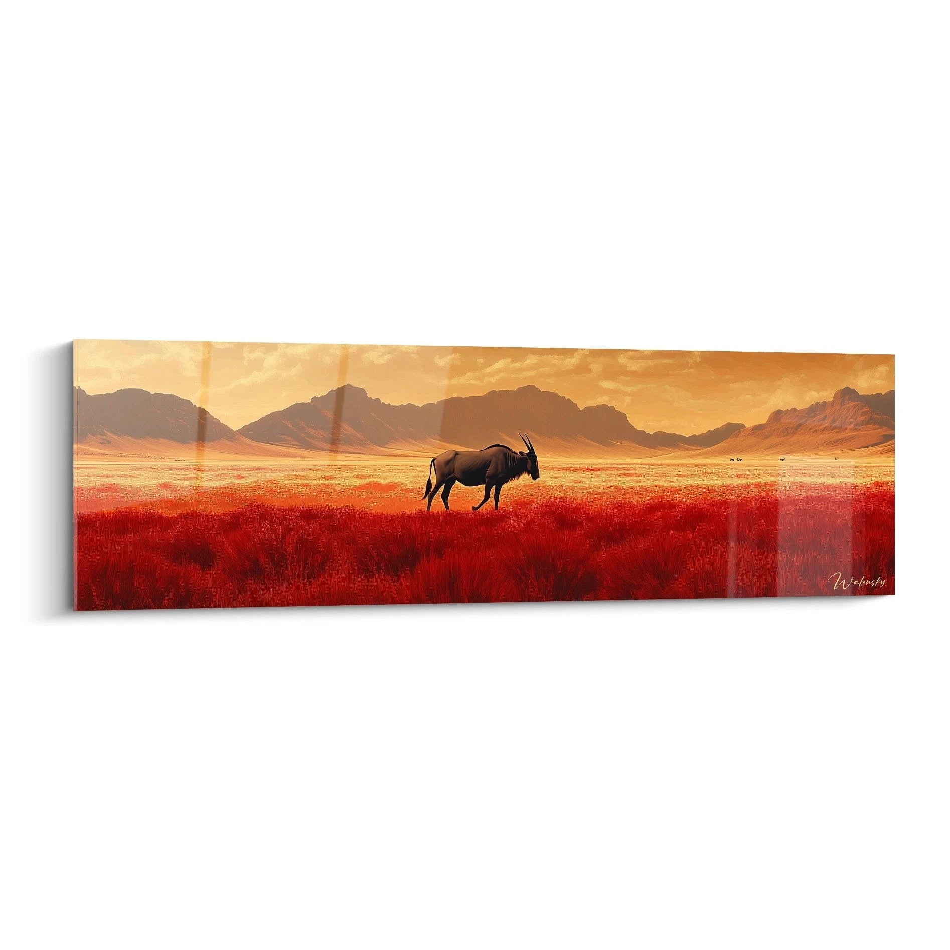 Tableau gnous par Walensky montrant un gnou solitaire dans une savane rouge avec montagnes au coucher du soleil