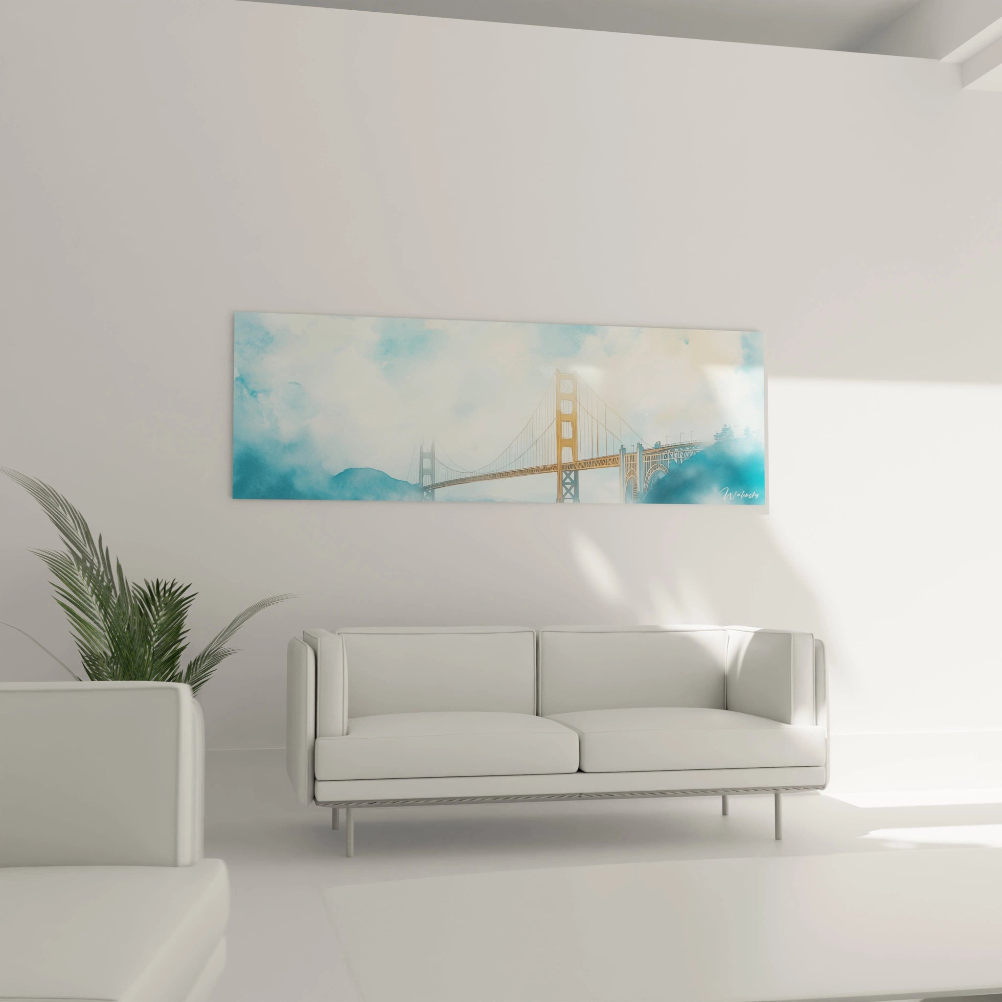 Tableau New York Walensky représentant un pont suspendu dans un salon moderne avec canapé blanc