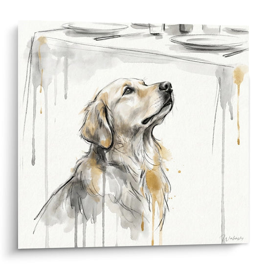 Tableau aquarelle Golden Retriever regardant vers le haut, tons dorés et gris, portrait canin émouvant