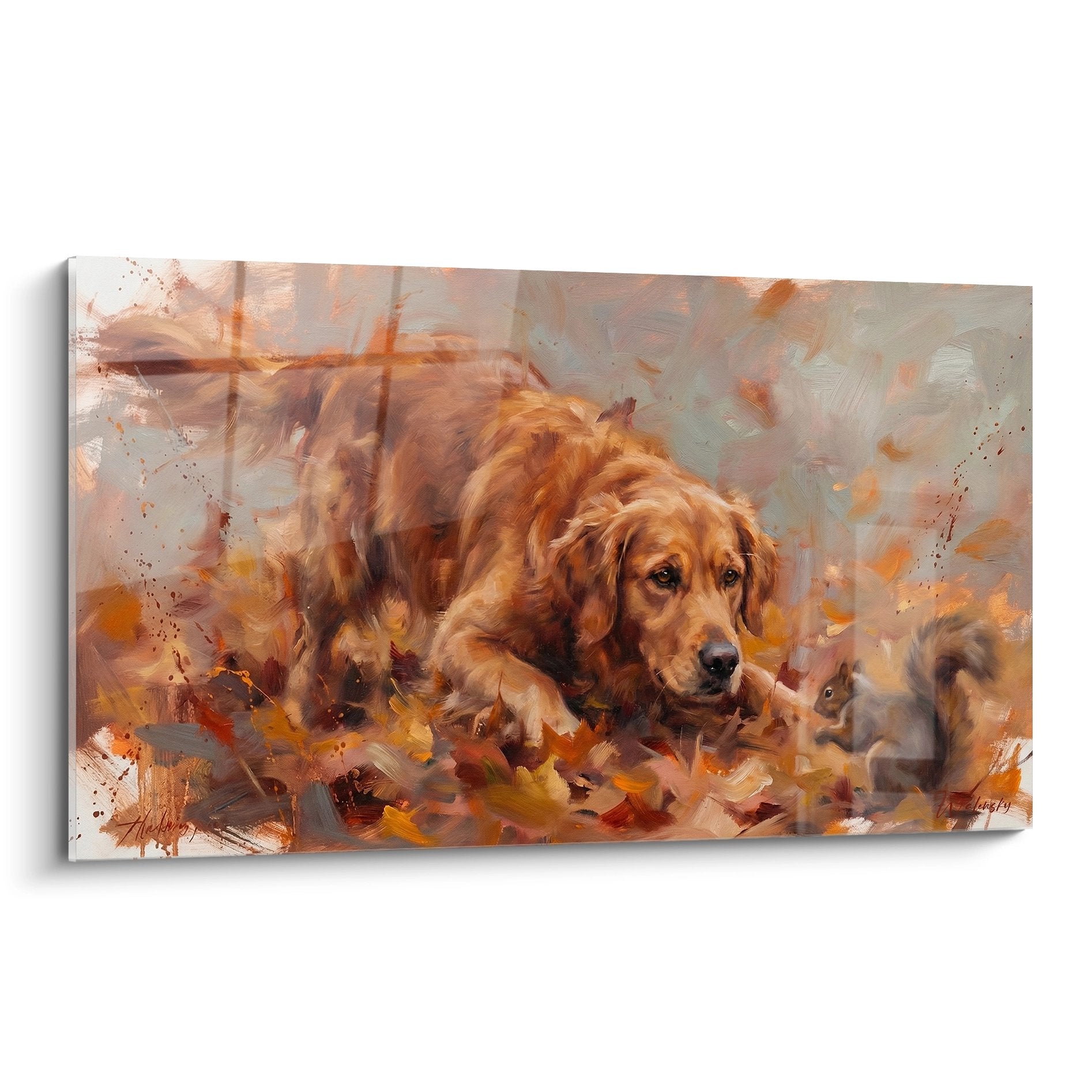 Golden retriever painting lying among autumn leaves in ochre and gold tones expressionist dog nature artwork