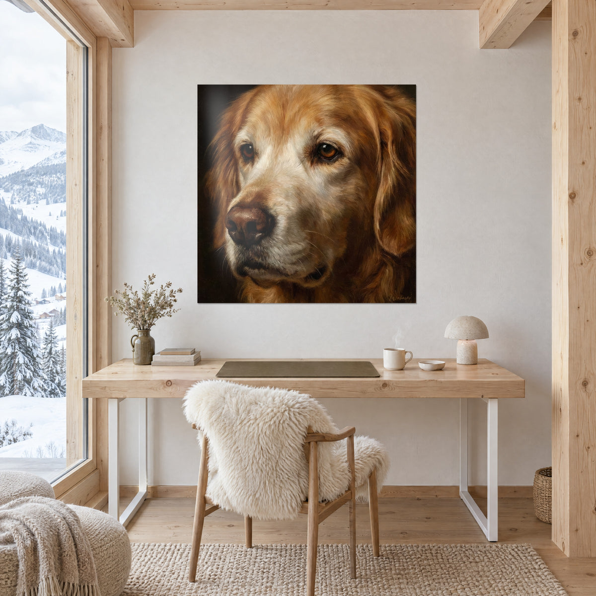 Schilderij blonde hond met een zachtmoedig gezicht, hazelnootbruine ogen en bruine schaduwen, aan de muur van een kantoor van licht hout met paddenstoellamp
