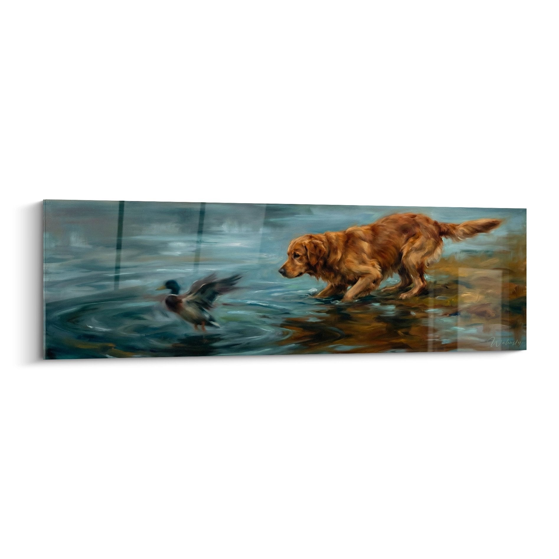 Tableau golden retriever chassant canard dans eau turquoise, scene animaliere realiste tons cuivres