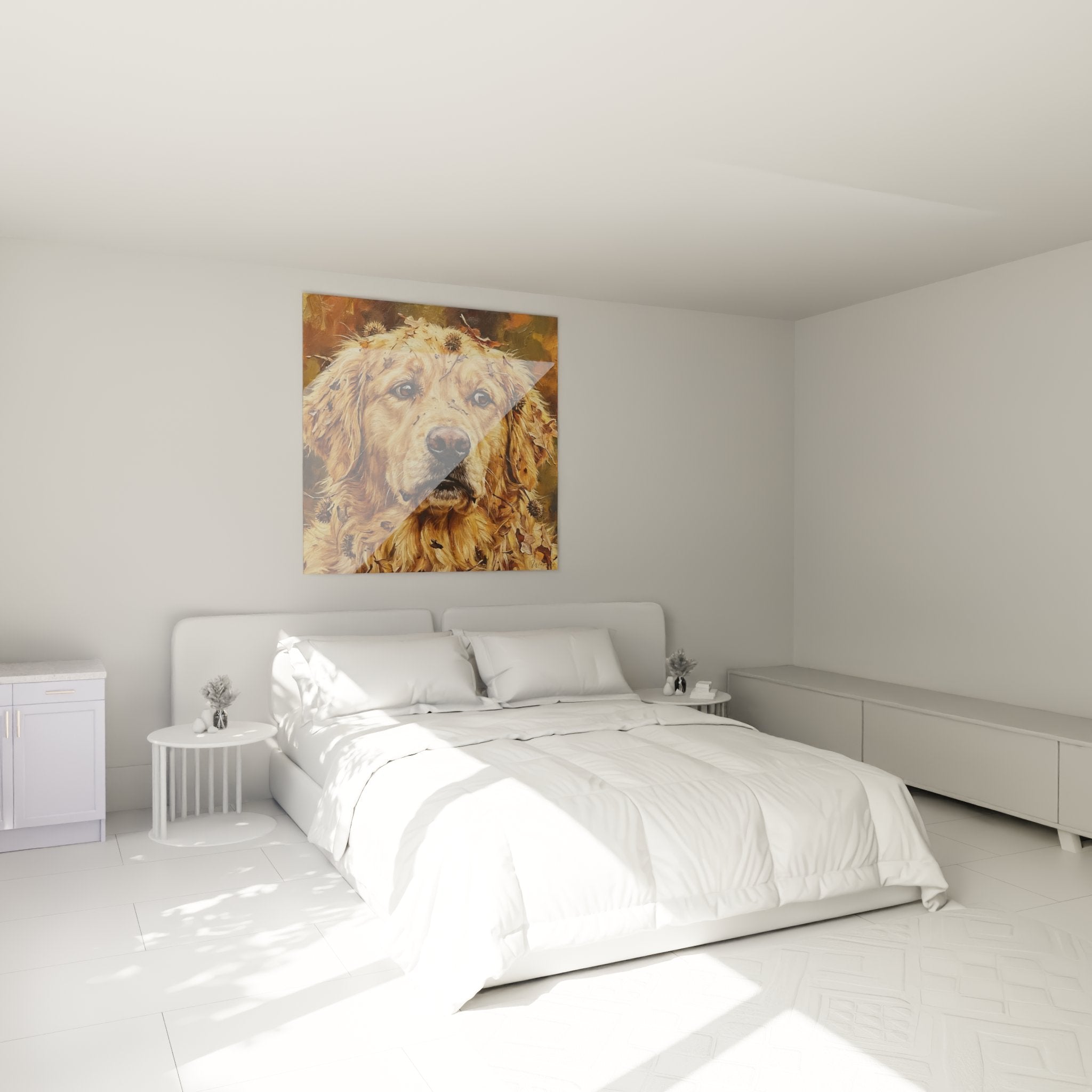 Tableau Golden Retriever feuillages décorant chambre mur beige ambiance chaleureuse naturelle automnale