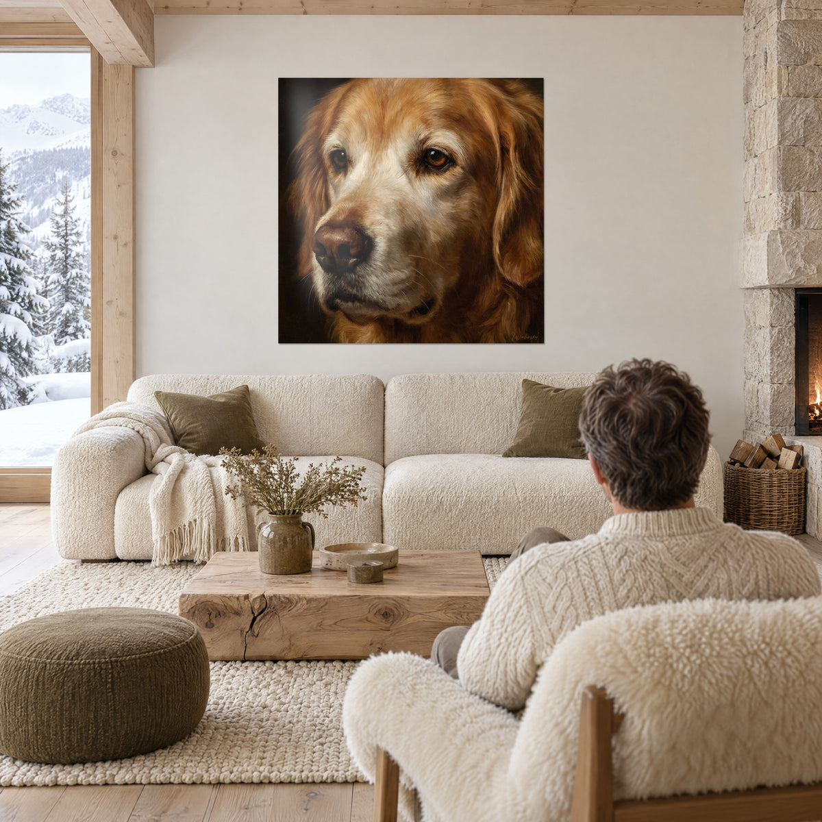 Schilderij golden retriever met vaalgele, roodachtige vacht en bruine snuit, boven een bank in een lichte woonkamer