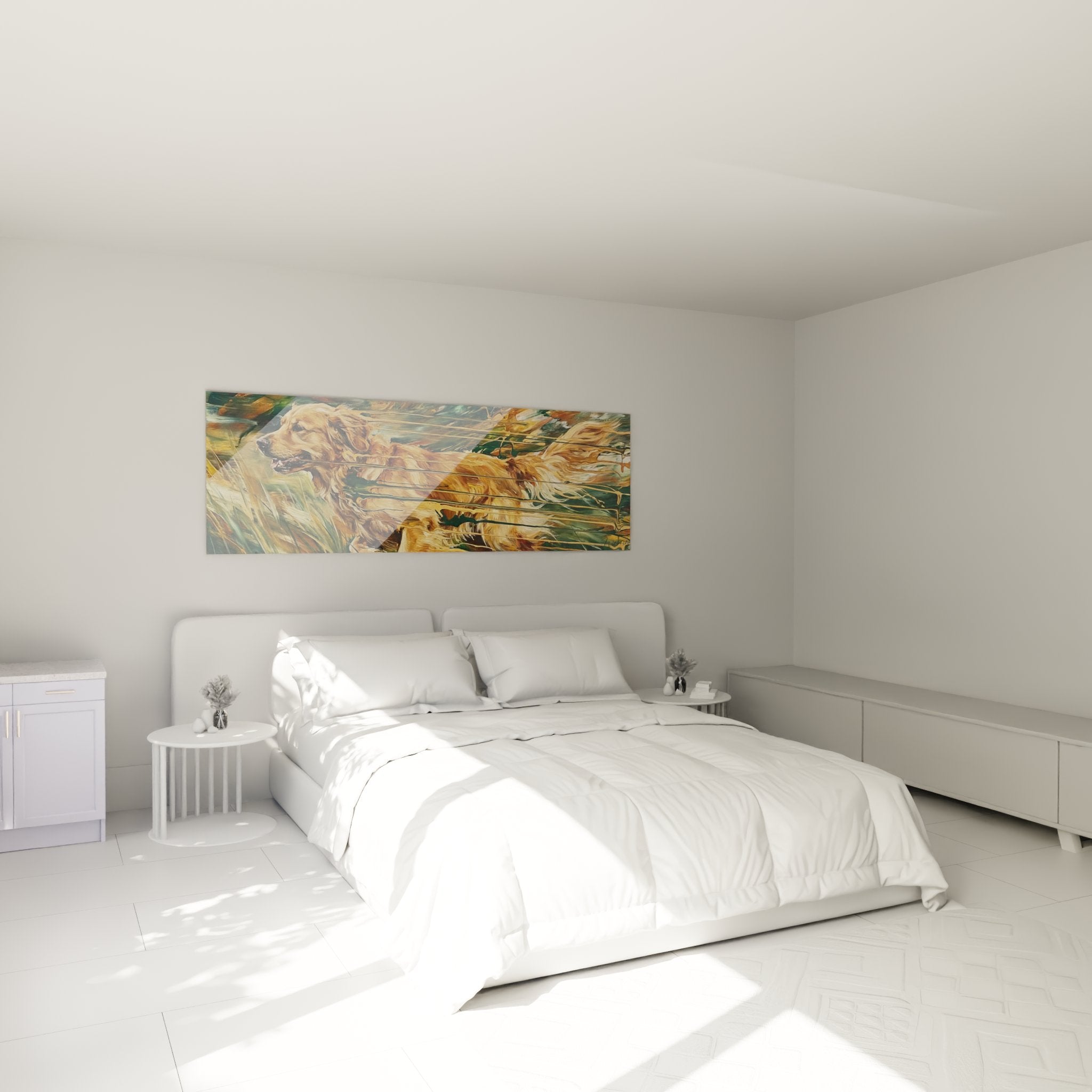 Tableau Golden Retriever aquatique dans chambre moderne, couleurs dorées et vertes apaisantes