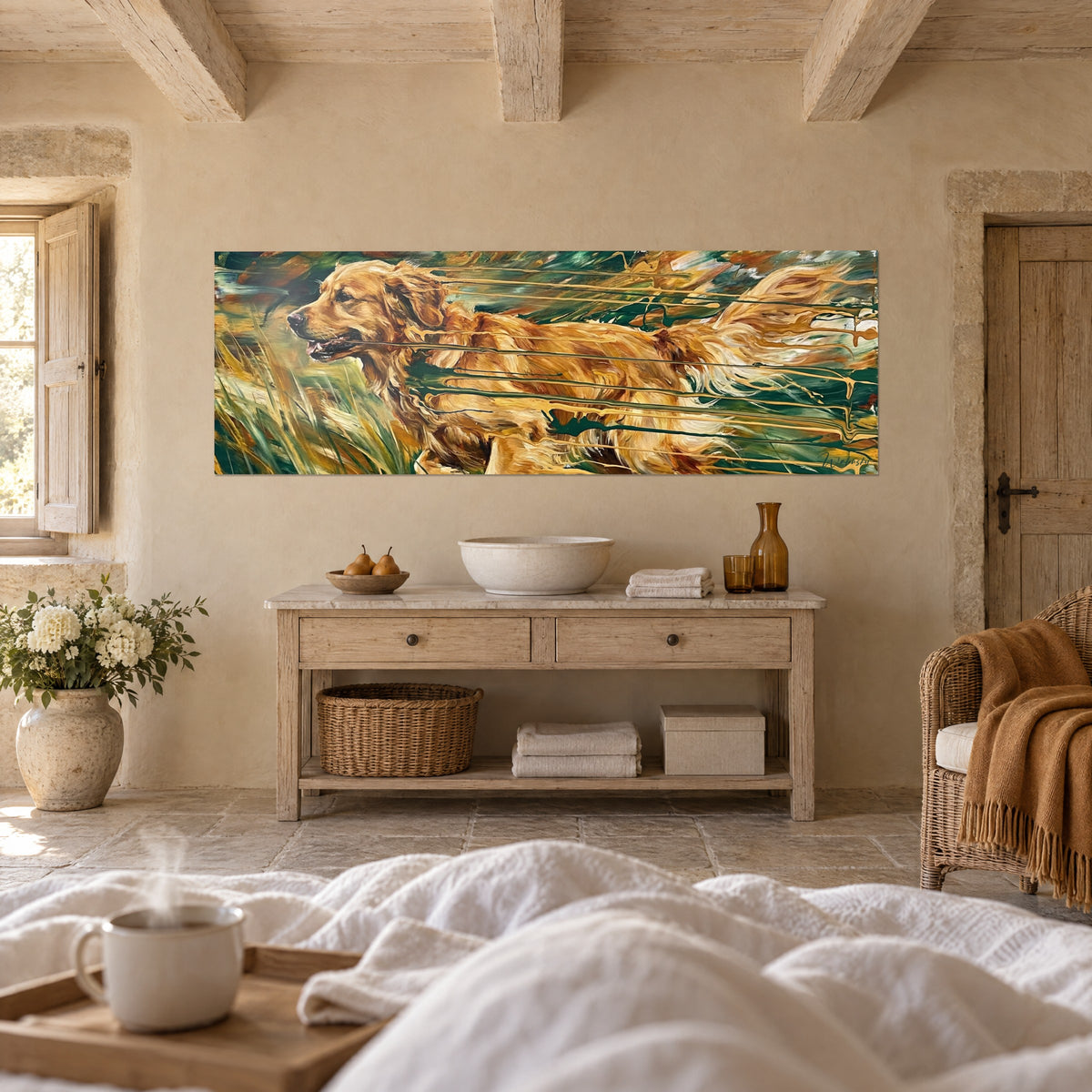 Schilderij jachthond met pluimstaart, oker en sparrengroen, boven een bed in een lichte slaapkamer