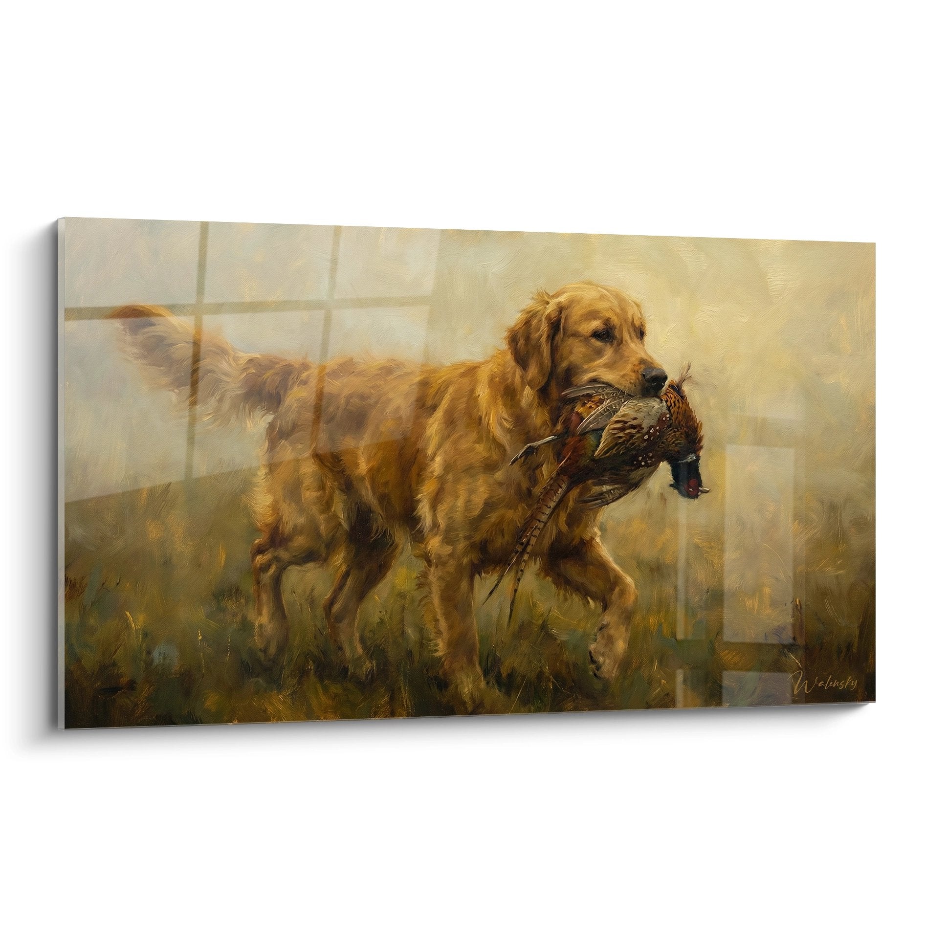 Golden retriever hunting dog holding pheasant in golden tones realistic painting hunting art