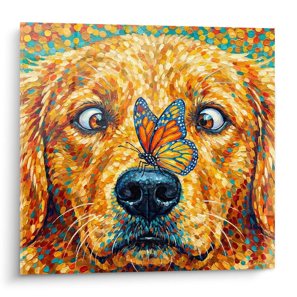 Cuadro de Golden Retriever Colorido con Mariposa - Retrato Artístico en Tonos Cálidos - Edición Cuadro Golden Retriever