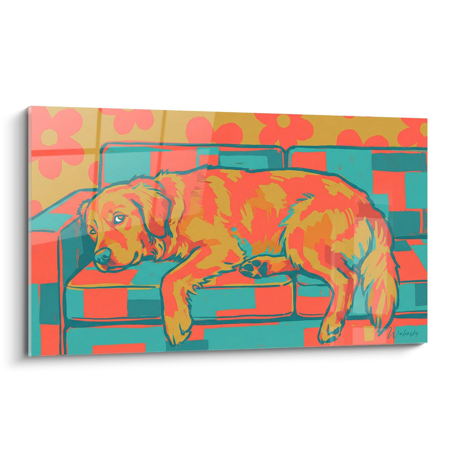Tableau Chien Allongé aux Tons Corail et Turquoise - Repos Coloré - Edition Tableau Golden Retriever