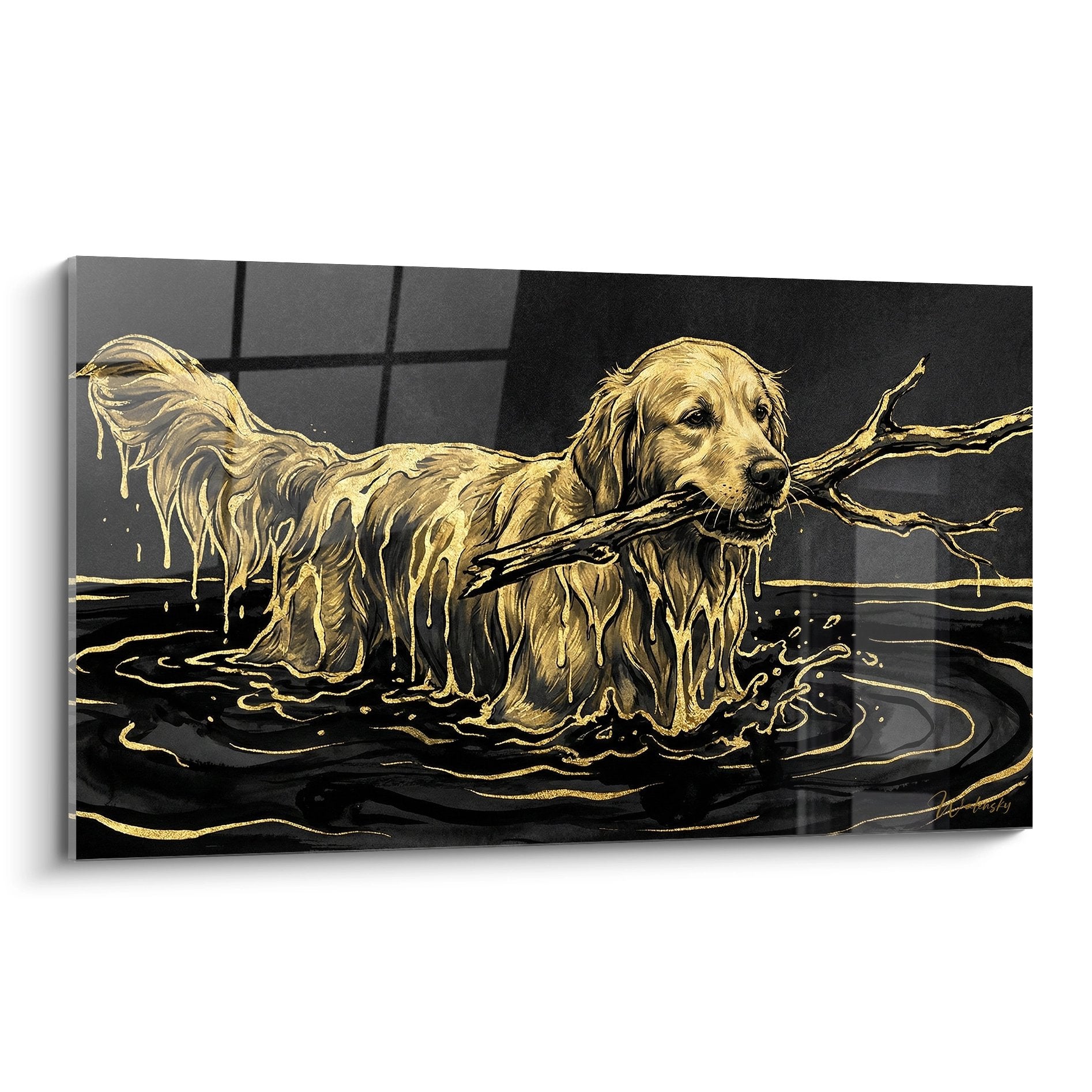 golden retriever painting gold in black water holding stick light reflections