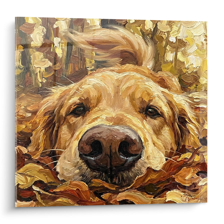 Tableau Golden Retriever Endormi dans les Feuilles d'Automne - Douceur Automnale - Edition Tableau Golden Retriever