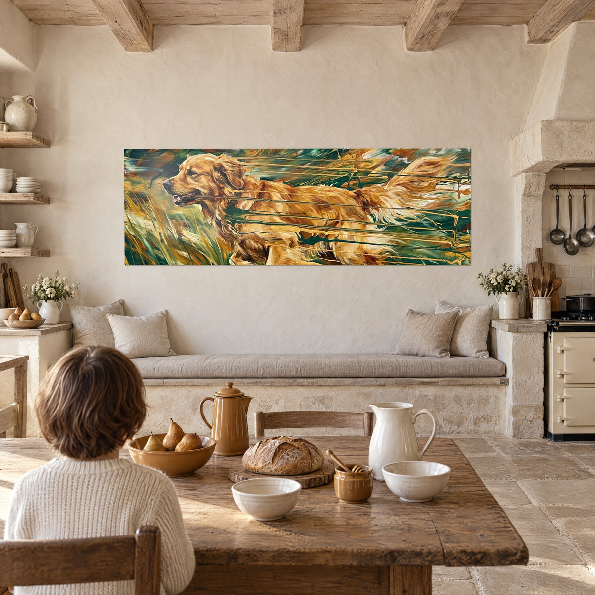 Schilderij portret van een vosrode hond in volle draf, gele en groenachtige grassen, tegenover een kind dat met de rug naar ons toe bij de open haard zit