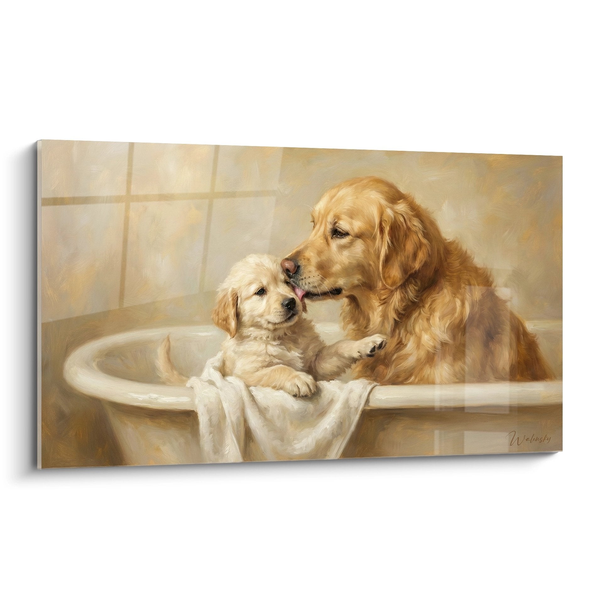 Realistic golden retriever mother and puppy in bathtub tender bathing scene beige and gold tones