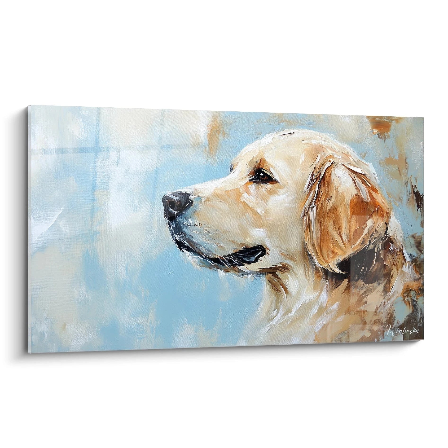 Un tableau Golden Retriever de profil montrant la tête d'un chien au pelage beige doré sur fond bleu ciel. Coups de pinceau visibles créant une texture dynamique, avec des nuances marron foncé définissant les traits du museau et de l'œil.
