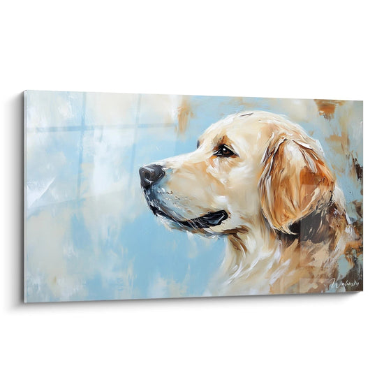 Ein Golden-Retriever-Gemälde im Profil, das den Kopf eines Hundes mit beigegoldenem Fell vor hellblauem Hintergrund zeigt. Sichtbare Pinselstriche erzeugen eine dynamische Textur, mit dunklen Brauntönen, die die Merkmale von Schnauze und Auge definieren.
