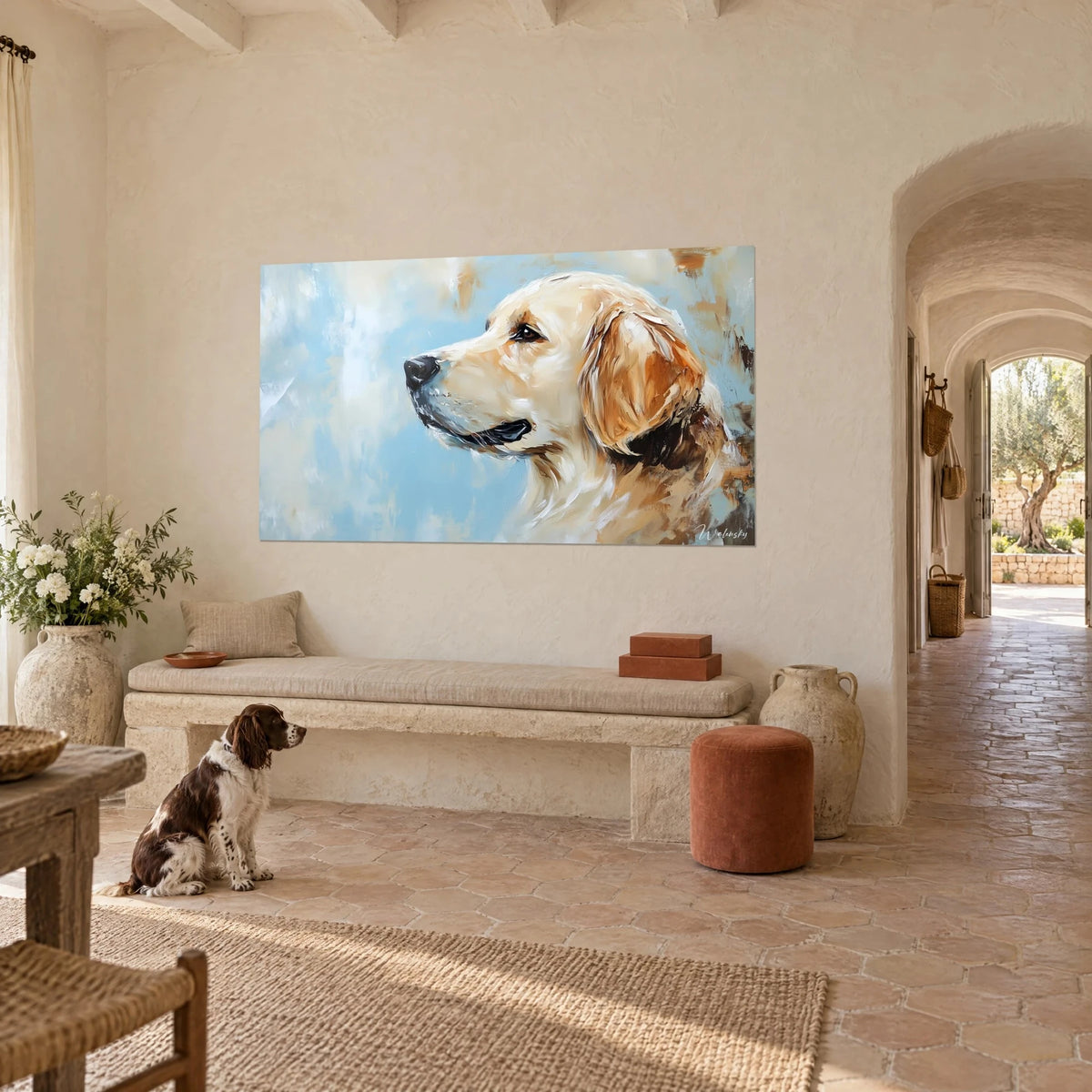 Wall art canine portrait in profile, glossy black muzzle, caramel ear on pale blue background, facing a calm spaniel, Provençal farmhouse