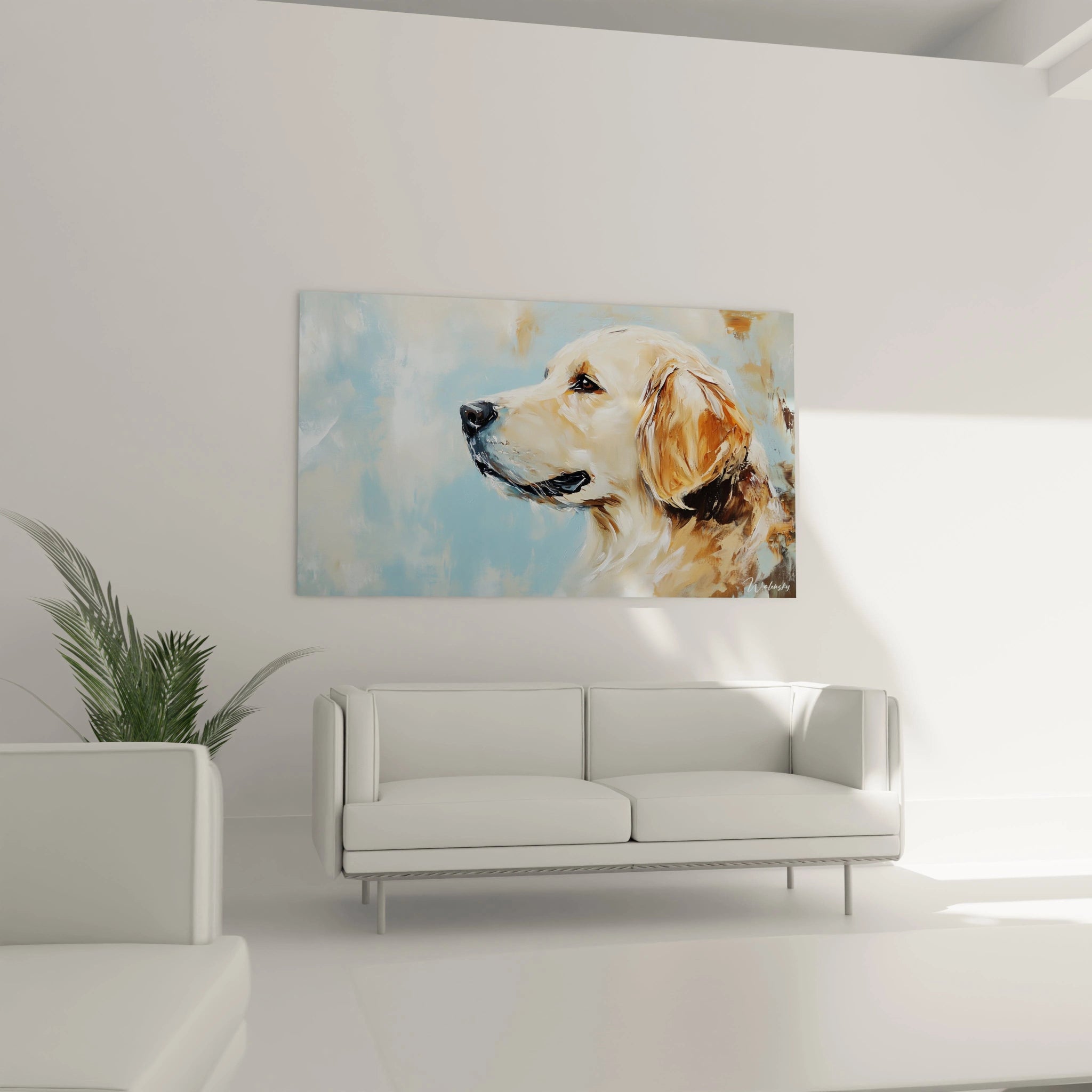 Un tableau Golden Retriever expressif montrant la tête d'un chien de race vue de côté. Les teintes beiges et marron du pelage se détachent sur fond bleu clair nuageux. Technique picturale mêlant empâtements et coups de pinceau fluides.
