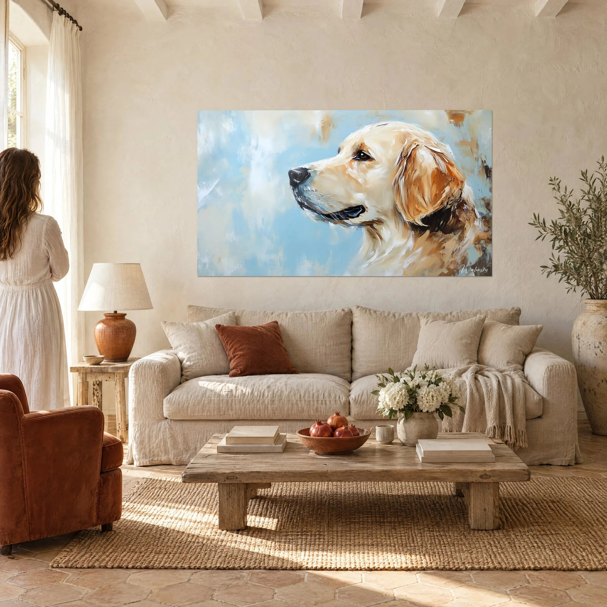 Wall art of a cream-coated dog turned to the left, sky-blue background, ochre brushstrokes, above a sofa in a bright living room