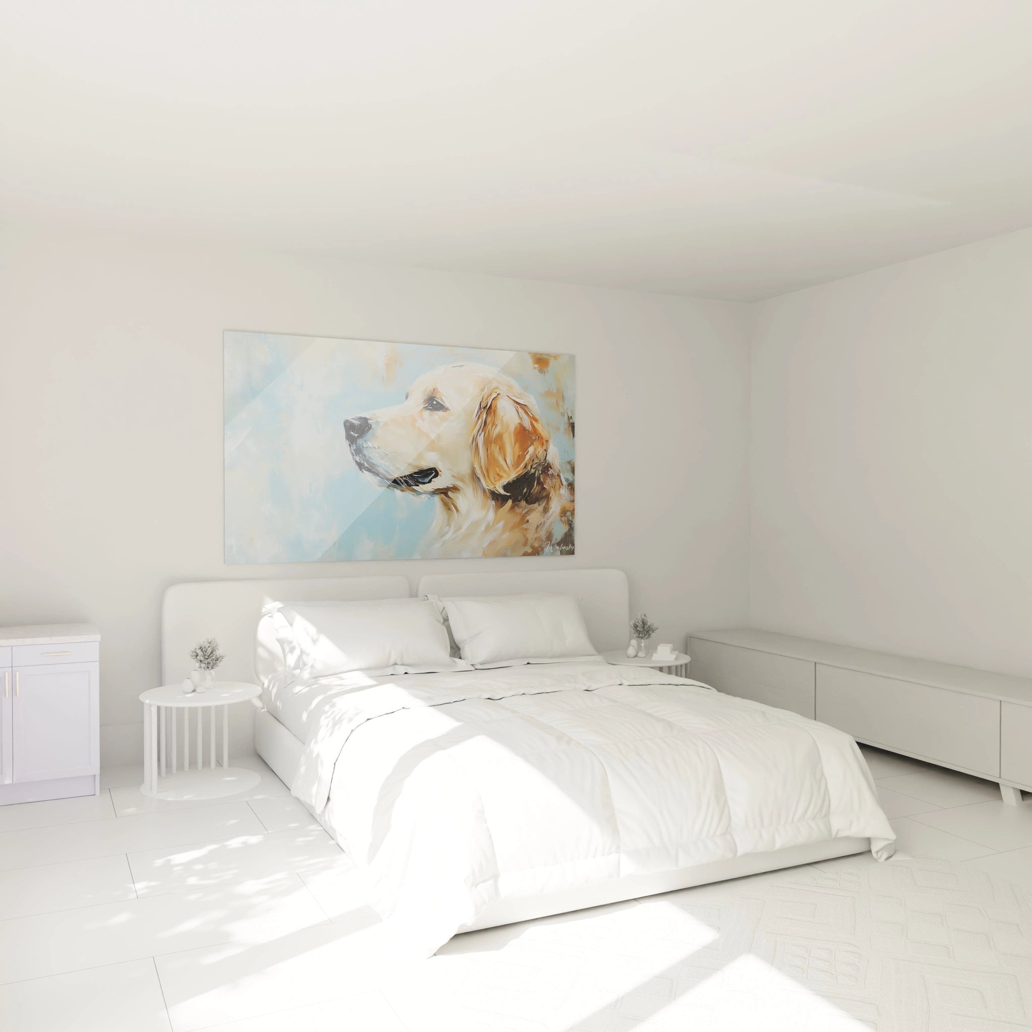 Un tableau Golden Retriever représentant un portrait de chien en gros plan. Pelage crémeux aux reflets dorés contrastant avec un arrière-plan bleu pâle vaporeux. Touches de peinture épaisses donnant du relief au pelage soyeux.
