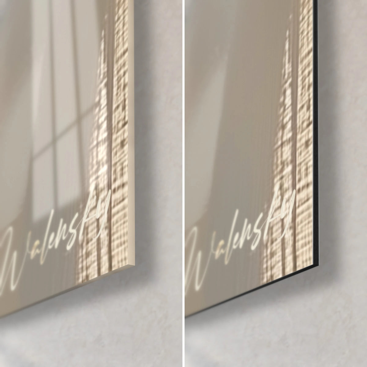 Tableau retriever en peinture crème, coin bas droit : verre acrylique brillant à gauche, Dibond noir mat à droite, tranche 3 mm