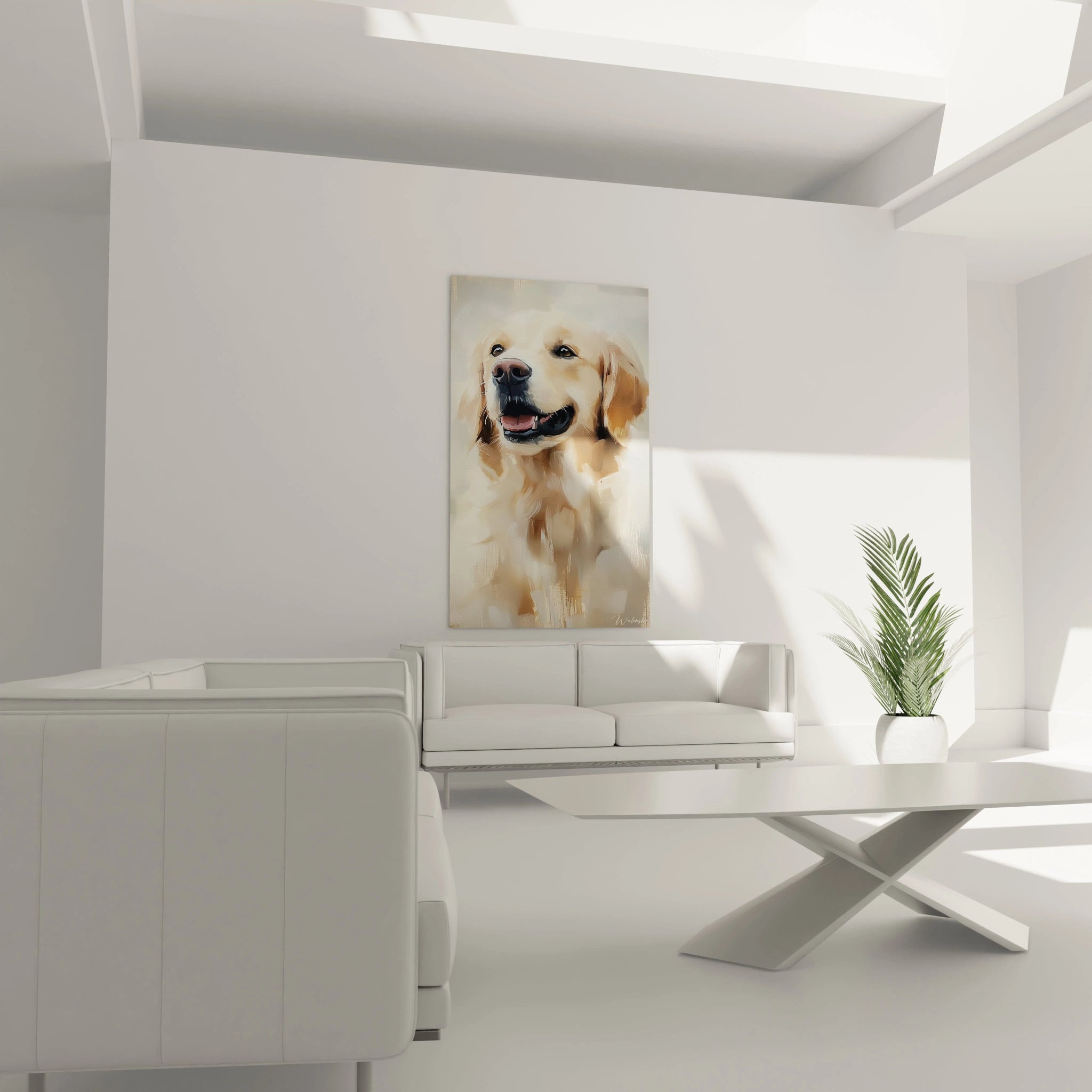 Portrait artistique d'un Golden Retriever dans un tableau aux tons beiges et dorés, présentant un cadrage serré sur le visage expressif du chien, avec des traits définis et des coups de pinceau texturés.
