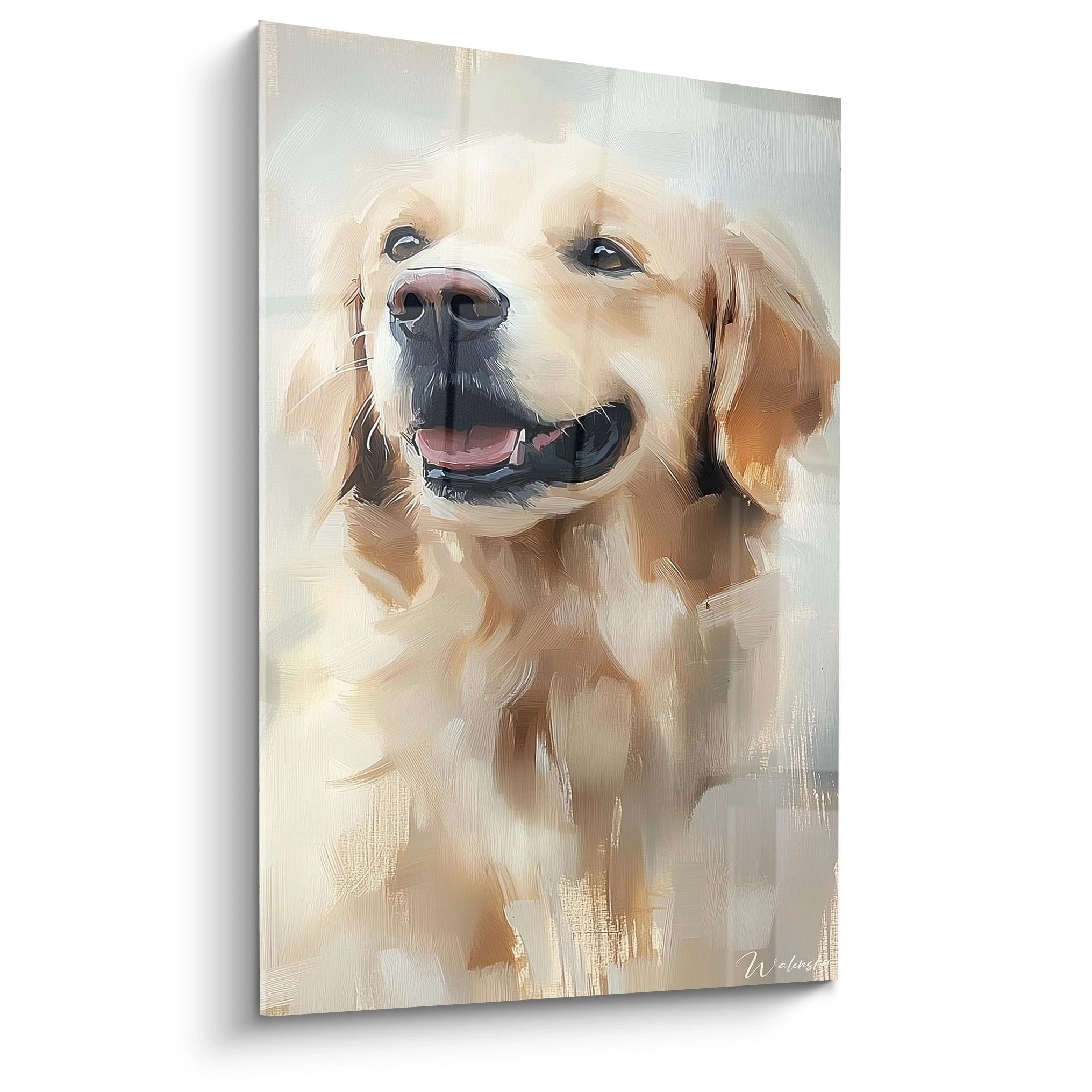 Un tableau Golden Retriever représentant un portrait rapproché au pelage doré et beige, avec un regard expressif et une bouche légèrement ouverte, peint avec des coups de pinceau visibles sur fond gris-bleu neutre.
