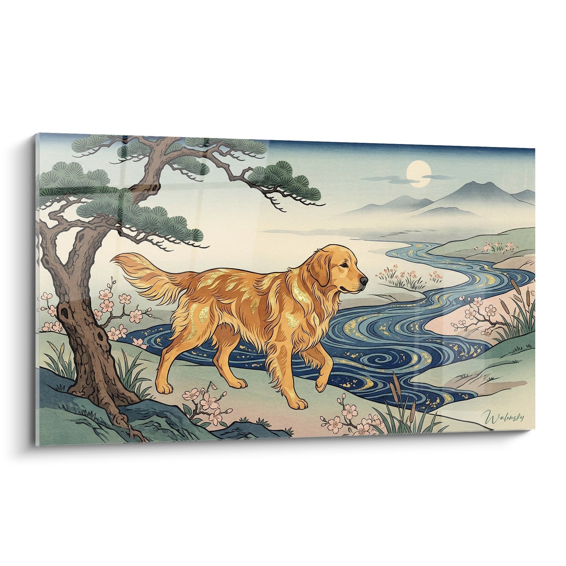 Golden Retriever painting with golden reflections in Japanese-inspired landscape with blue river and cherry blossoms