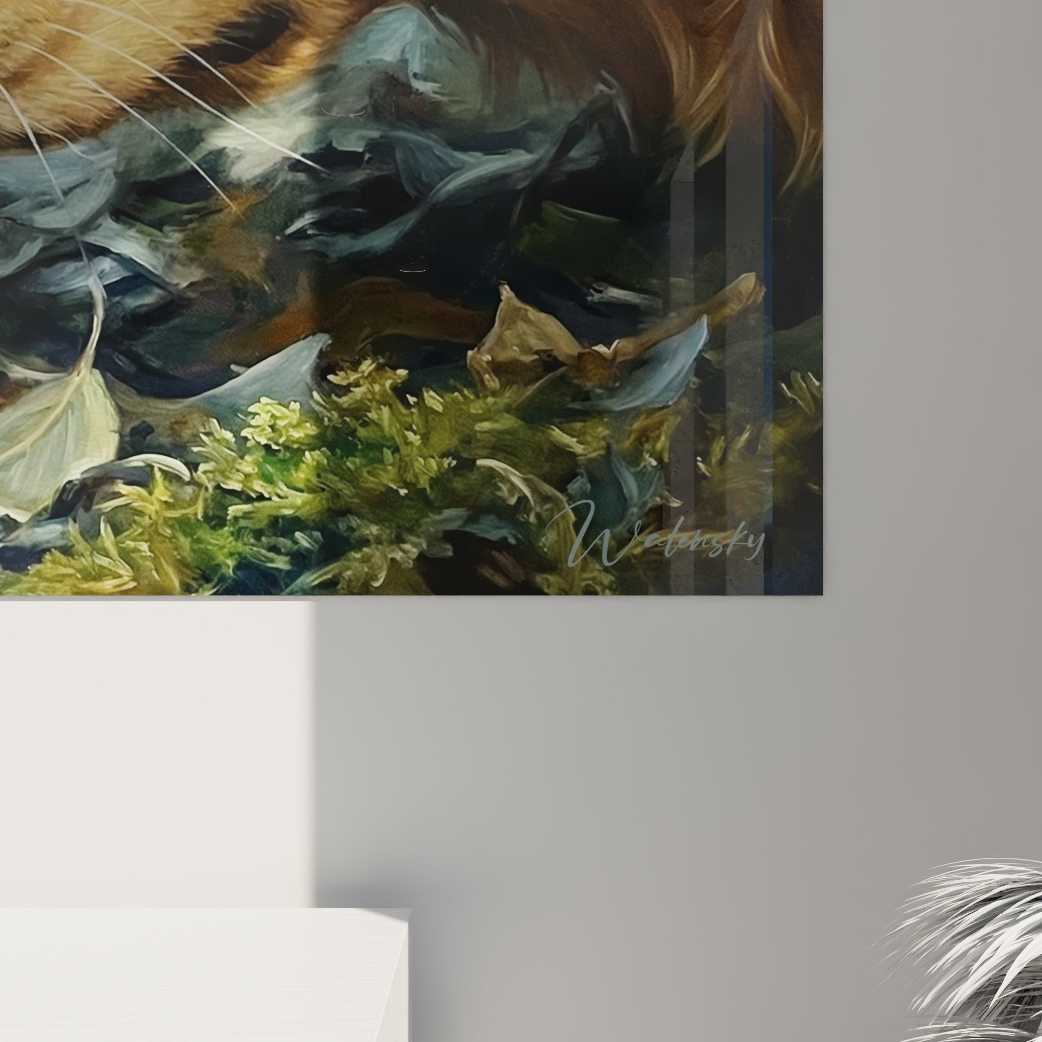Vue d'ensemble tableau Golden Retriever et hérisson dans salon chaleureux avec décoration naturelle