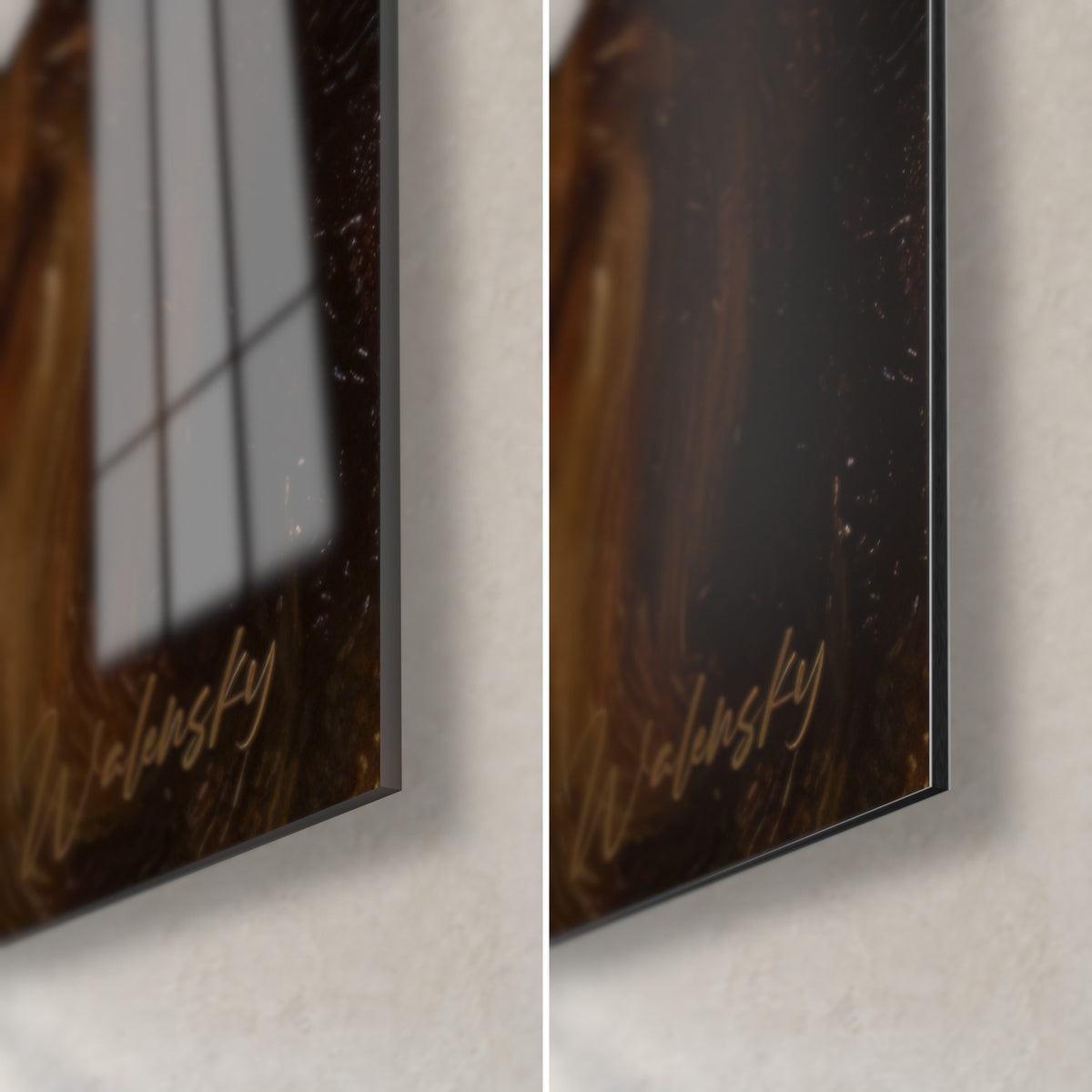 Schilderij hondenportret, rechtsonder: glanzend acrylglas en mat Dibond-aluminium, rand van 3 mm, gouden handtekening