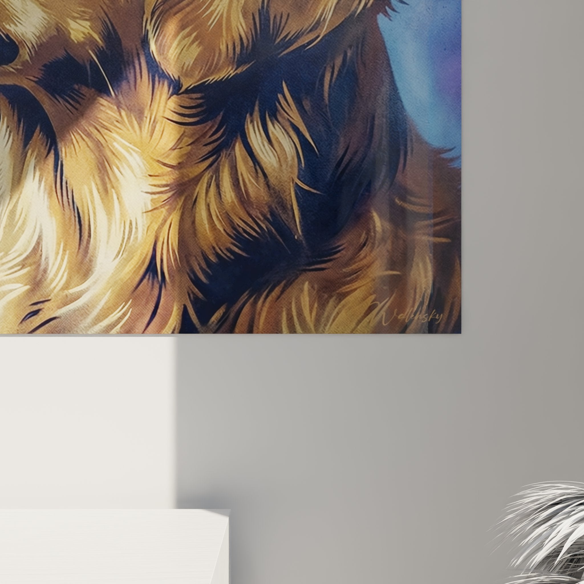 Vue d'ensemble du tableau Golden Retriever dans salon contemporain lumineux