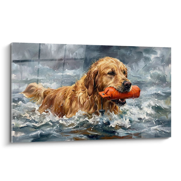 Cuadro de Golden Retriever en las Olas con Boya Naranja - Rescate Heroico - Edición Cuadro Golden Retriever