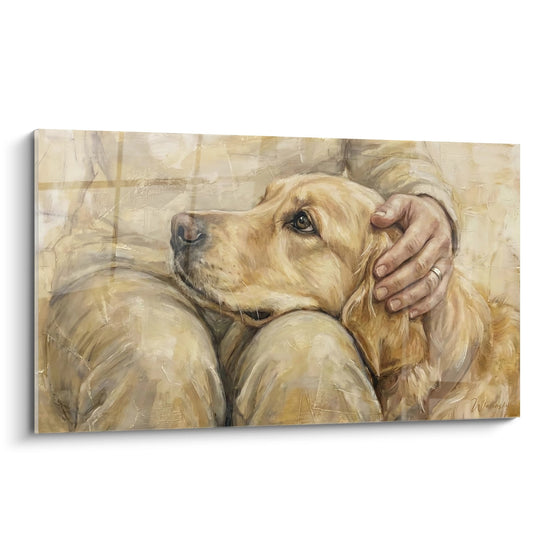 Tableau golden retriever tons dores main maitre caresse tete chien regard tendre peinture realiste beige ocre